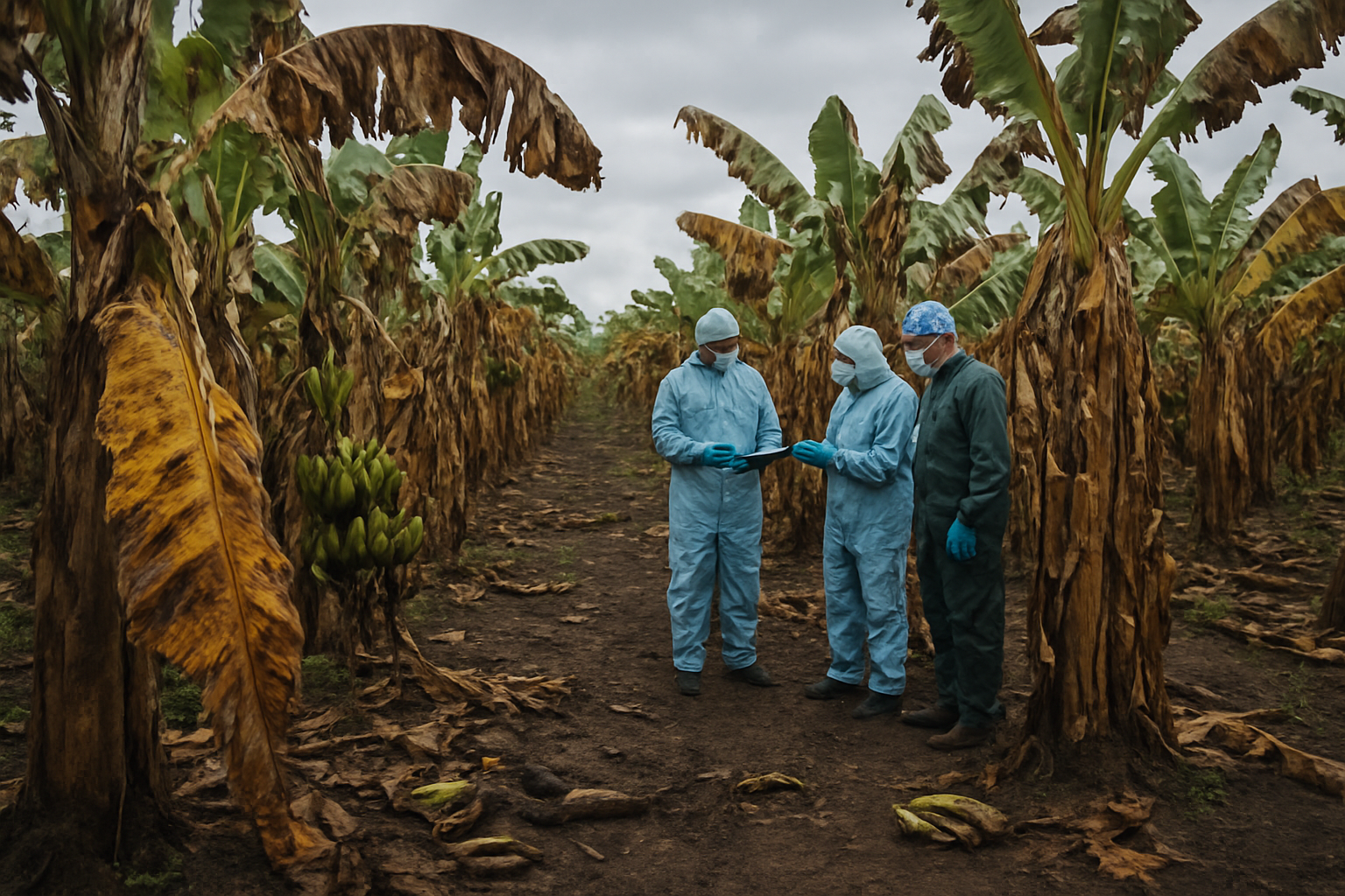 Create a realistic image of diseased Cavendish banana plants in a commercial plantation showing yellowing and wilted leaves, brown spots on banana bunches, some fallen rotting bananas on the ground, distressed banana trees with damaged stems, agricultural workers in the background wearing protective gear examining the affected crops, overcast sky creating a somber mood, natural lighting emphasizing the agricultural crisis, dirt pathways between rows of struggling banana plants, absolutely NO text should be in the scene.