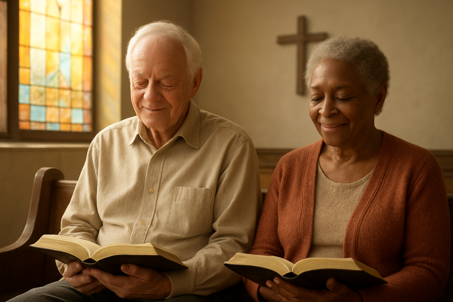 Create a realistic image of an elderly white male and elderly black female sitting together on a wooden church pew, both with gentle smiles and peaceful expressions, holding open Bibles in their hands, with soft golden sunlight streaming through a stained glass window in the background creating warm colorful light patterns, a simple wooden cross visible on the wall behind them, conveying a sense of fulfillment, wisdom, and spiritual completion in a serene church interior setting. Absolutely NO text should be in the scene.