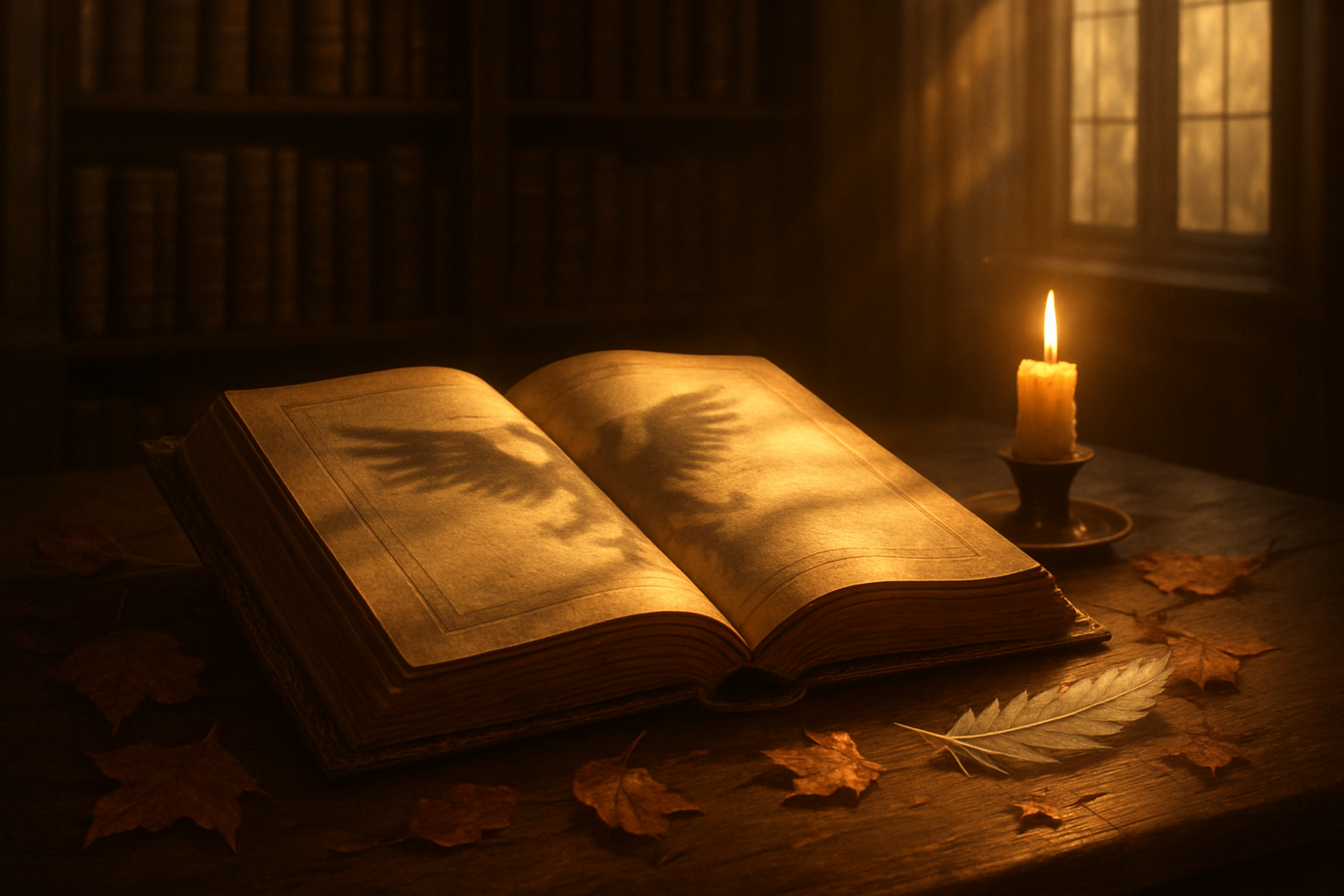 Create a realistic image of an ornate antique book lying open on a wooden desk with dramatic golden light streaming through tall windows, casting symbolic shadows across the pages, surrounded by scattered autumn leaves and a single white feather, with a flickering candle nearby creating warm amber glows and deep shadows that suggest themes of revelation and hidden truths, set in a classical French library with leather-bound volumes on shelves in the soft-focused background. Absolutely NO text should be in the scene.