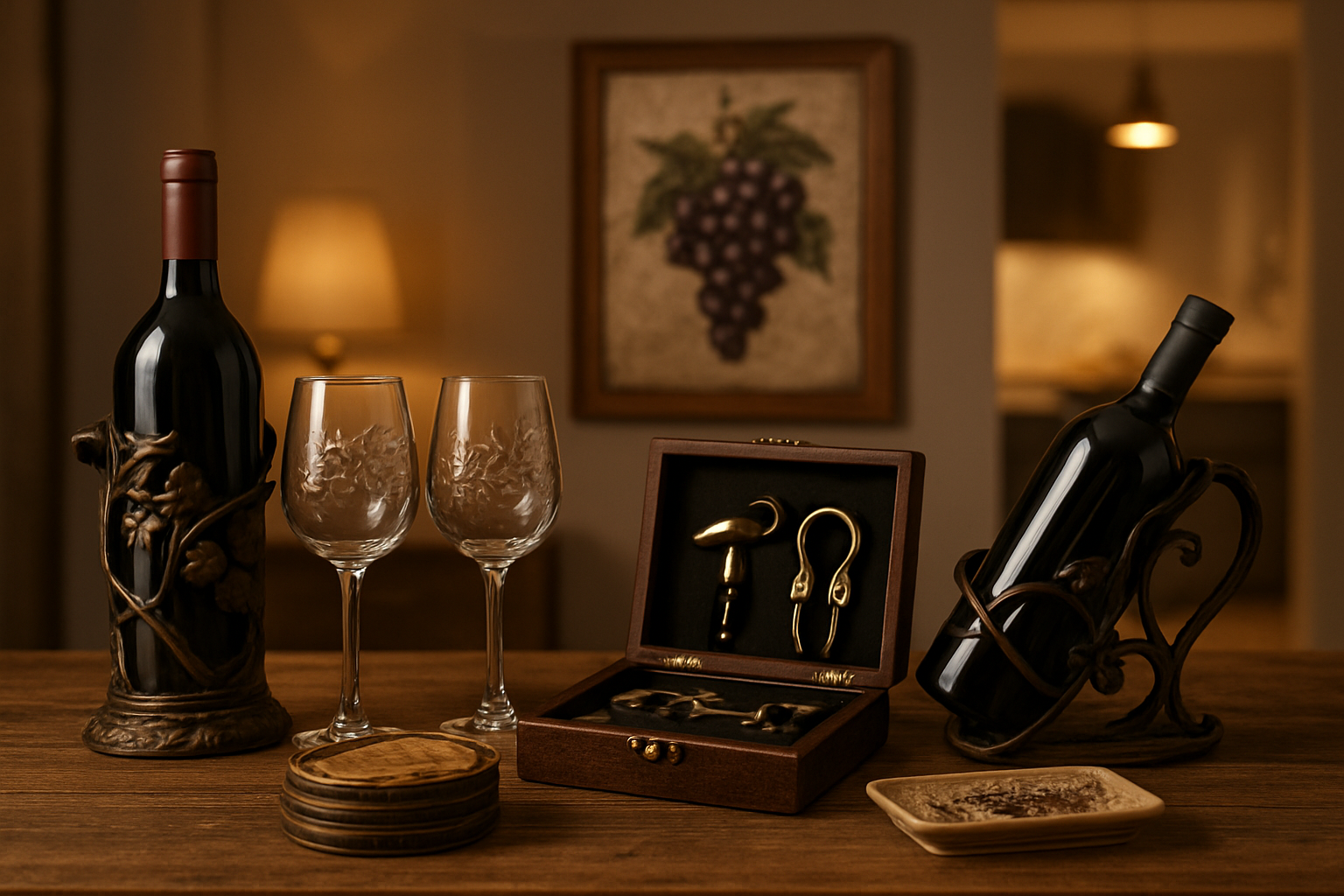 Best Wine Gifts Under $50 (2026 Guide) Create a realistic image of an elegant display of wine-themed home decor gifts arranged on a rustic wooden table, featuring wine bottle holders, decorative wine glasses, a vintage corkscrew set, wine barrel coasters, grape-themed wall art, and small wine-related accessories, with warm ambient lighting creating a cozy atmosphere against a softly blurred background of a modern kitchen or dining room, absolutely NO text should be in the scene.