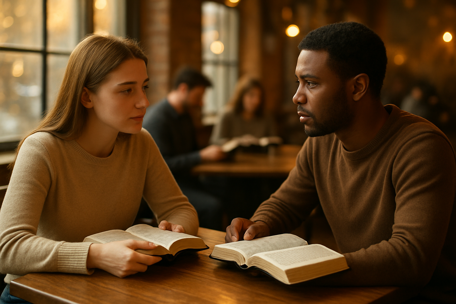 Create a realistic image of a young white female and young black male sitting across from each other at a wooden table in a cozy coffee shop, both holding Bibles and appearing to be in deep, thoughtful conversation, with warm golden lighting filtering through large windows, creating a peaceful and contemplative atmosphere that suggests meaningful discussion about faith and values, with soft bokeh effects in the background showing other patrons quietly reading, absolutely NO text should be in the scene.