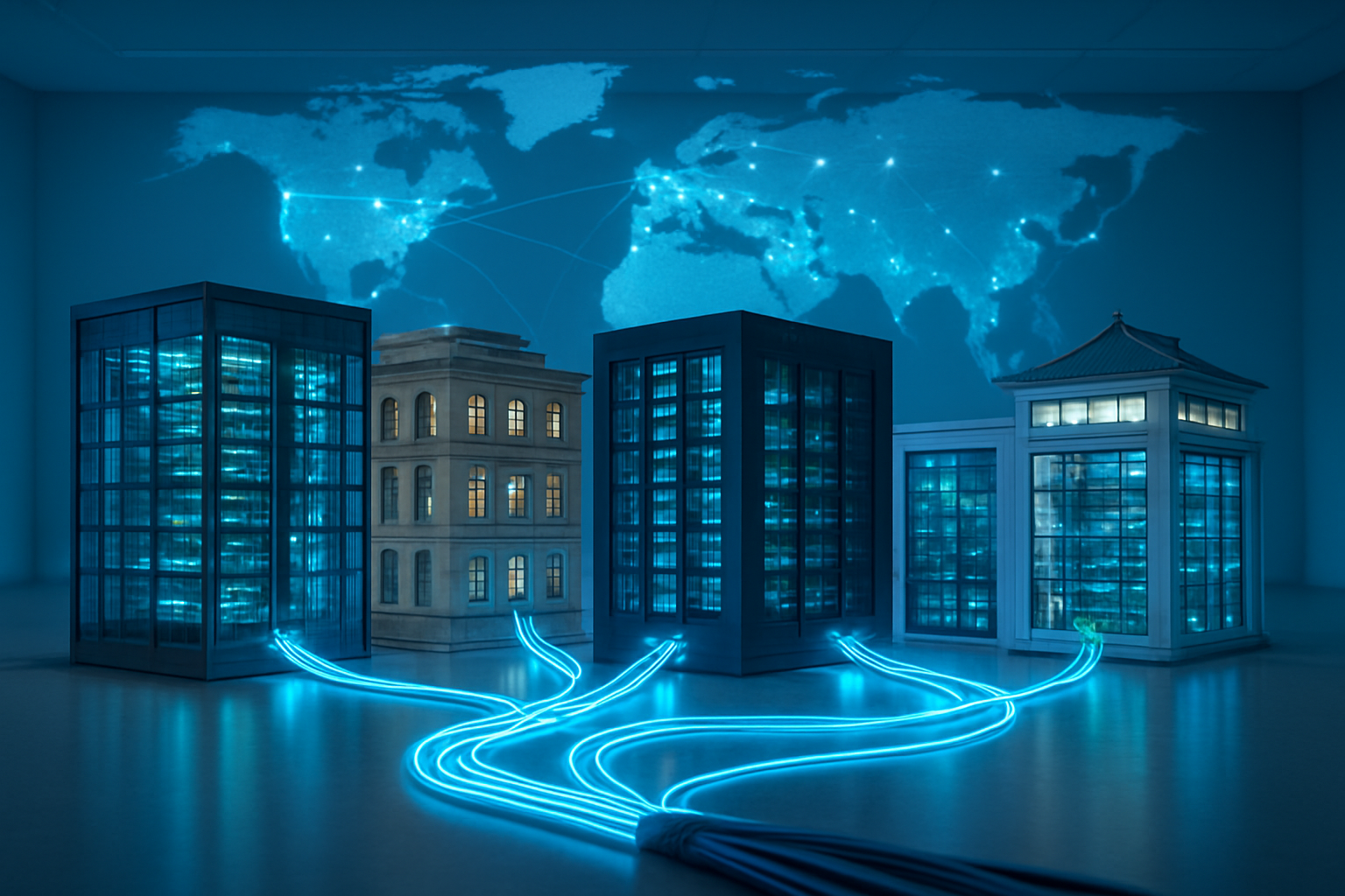 Create a realistic image of multiple interconnected data center buildings of varying architectural styles representing different global regions, with fiber optic cables and network connections visibly linking them together, set against a backdrop showing a world map with glowing connection points, featuring modern server infrastructure visible through glass windows, surrounded by a clean technological environment with blue and green LED lighting indicating active data flow, under bright professional lighting that emphasizes the global yet localized nature of cloud infrastructure, absolutely NO text should be in the scene.