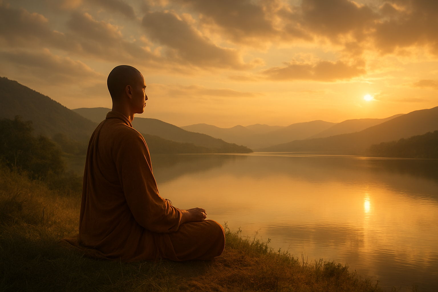 Create a realistic image of a serene figure sitting in peaceful meditation on a hillside overlooking a calm lake at golden hour, with soft warm sunlight filtering through gentle clouds, creating an atmosphere of divine tranquility and spiritual peace that transcends earthly concerns, surrounded by quiet natural beauty with distant mountains and still waters reflecting the peaceful sky, conveying a sense of deep inner peace and spiritual connection beyond material understanding, absolutely NO text should be in the scene.