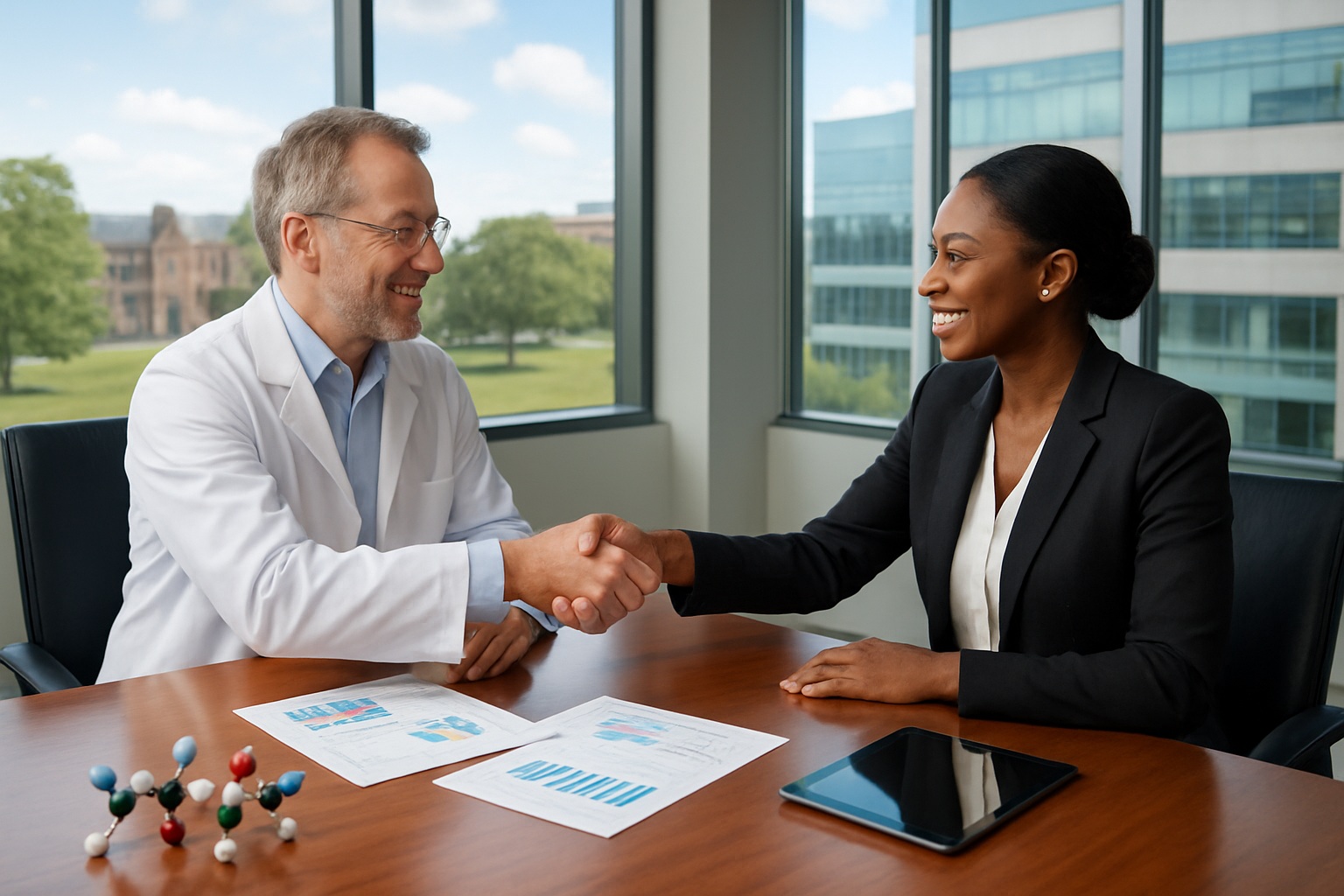 Create a realistic image of a modern conference room where a white male university professor in a lab coat and a black female industry executive in business attire are shaking hands across a polished wooden table, with research documents, molecular models, and tablet devices spread between them, large windows in the background showing a university campus on one side and a modern pharmaceutical building on the other, bright natural lighting creating a professional and collaborative atmosphere, symbolizing the mutual partnership between academia and industry in biopharma research, absolutely NO text should be in the scene.