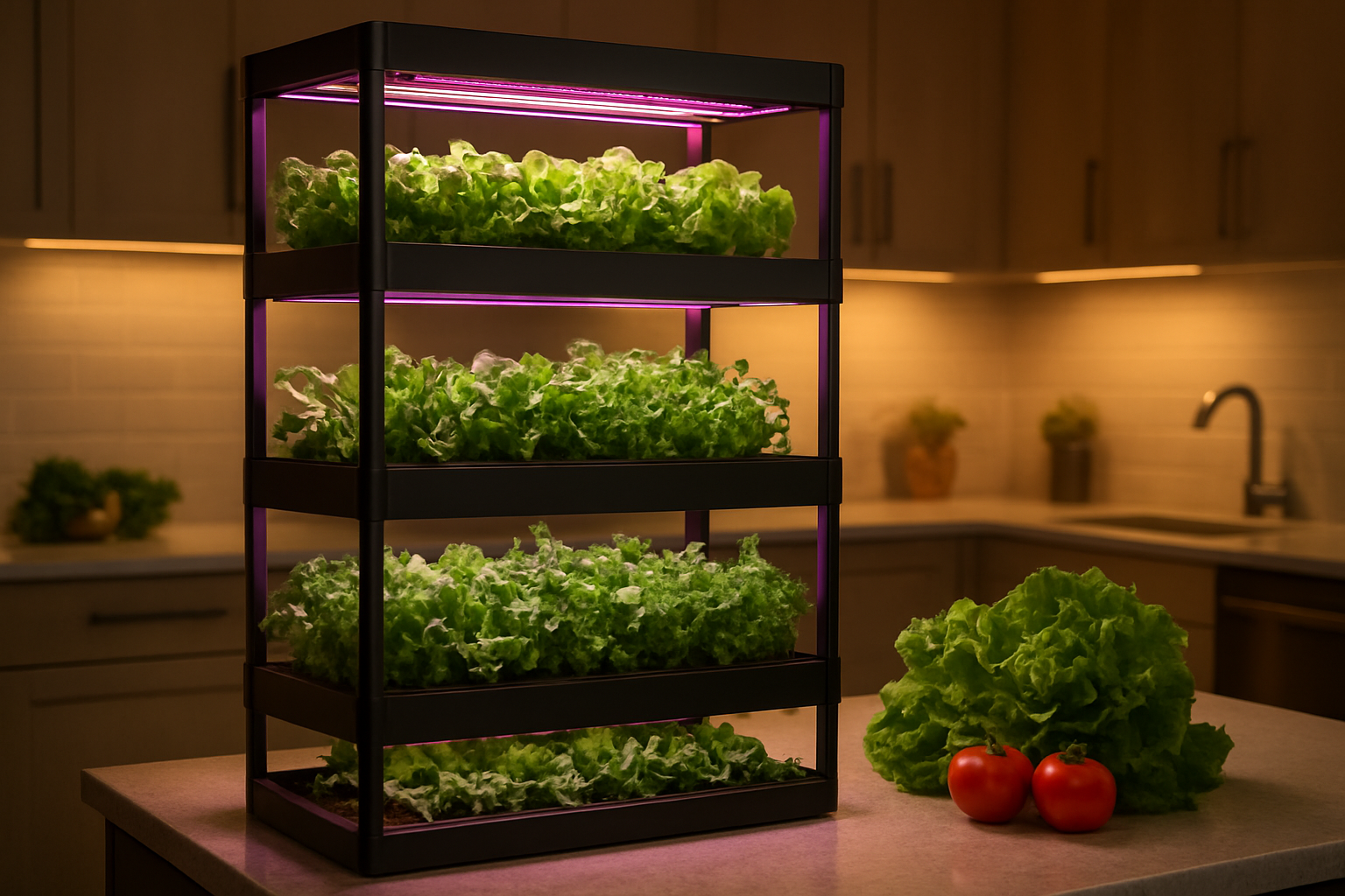 Create a realistic image of a thriving indoor garden setup with multiple levels of green leafy vegetables and herbs growing under LED grow lights in a modern home kitchen, featuring a sleek vertical growing system with healthy plants at various growth stages, warm ambient lighting from the kitchen mixed with the purple-pink glow from the grow lights, a few harvested vegetables like lettuce and tomatoes placed on a nearby counter, creating a successful and abundant indoor farming atmosphere that conveys the satisfaction of homegrown food production, shot from a slight angle to show the depth and organization of the growing system, absolutely NO text should be in the scene.