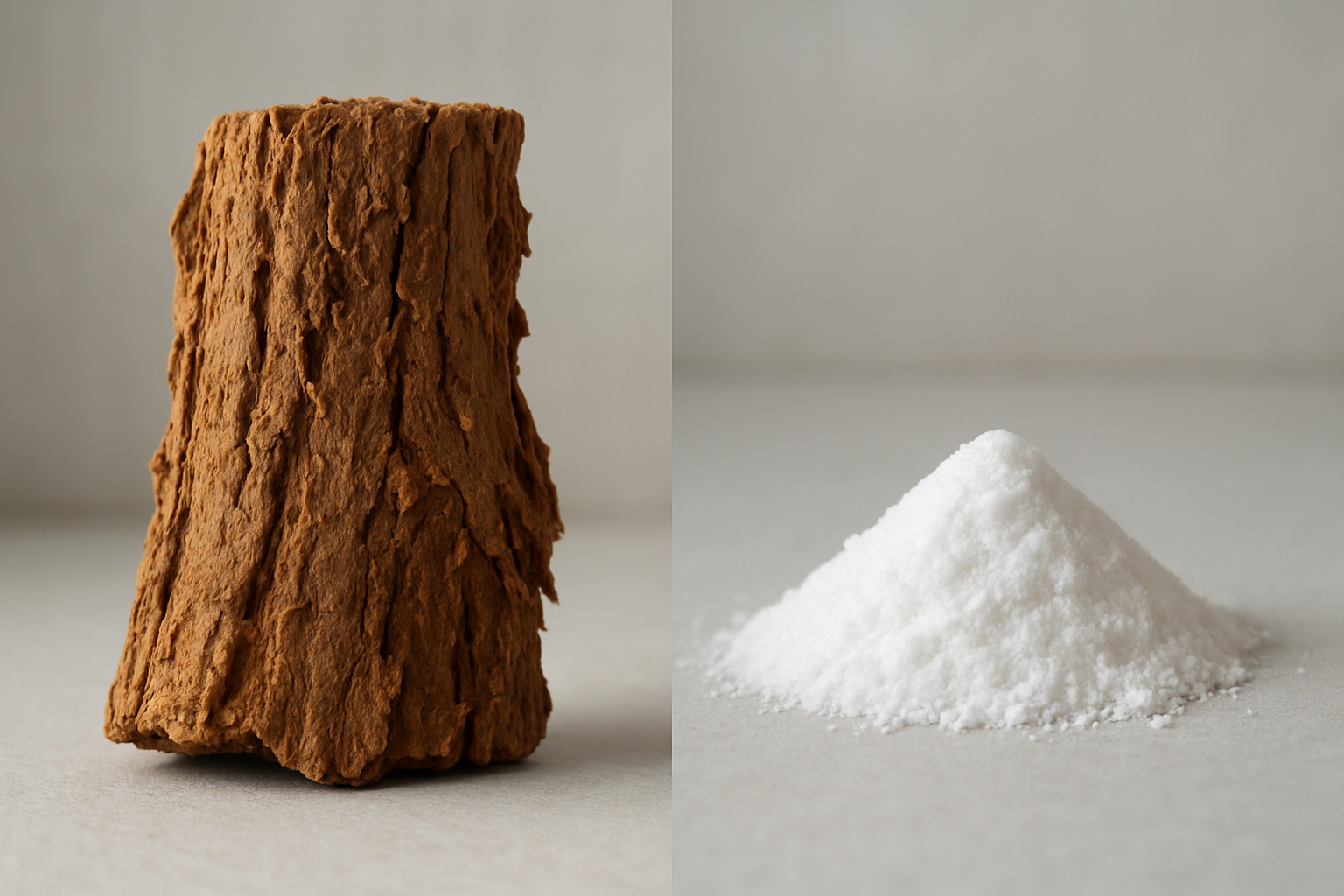 Create a realistic image of a split-screen composition showing two distinct botanical specimens side by side - on the left, a whole iboga root bark piece with its characteristic rough, fibrous brown texture and natural woody appearance, and on the right, a small pile of pure white crystalline ibogaine powder on a clean laboratory surface, with soft natural lighting highlighting the textural differences between the raw plant material and the refined alkaloid extract, set against a neutral scientific background with subtle shadows to emphasize the contrast between natural and processed forms, absolutely NO text should be in the scene.