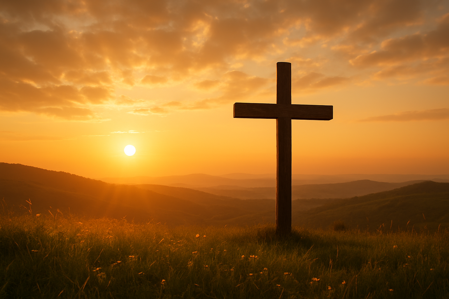 Create a realistic image of a peaceful sunrise scene with golden sunlight breaking through soft clouds over a serene landscape, featuring a wooden cross silhouetted against the bright morning sky, with rolling hills covered in green grass and wildflowers in the foreground, creating a sense of hope, renewal, and spiritual reflection, with warm golden and orange lighting that conveys gratitude and transformation, absolutely NO text should be in the scene.