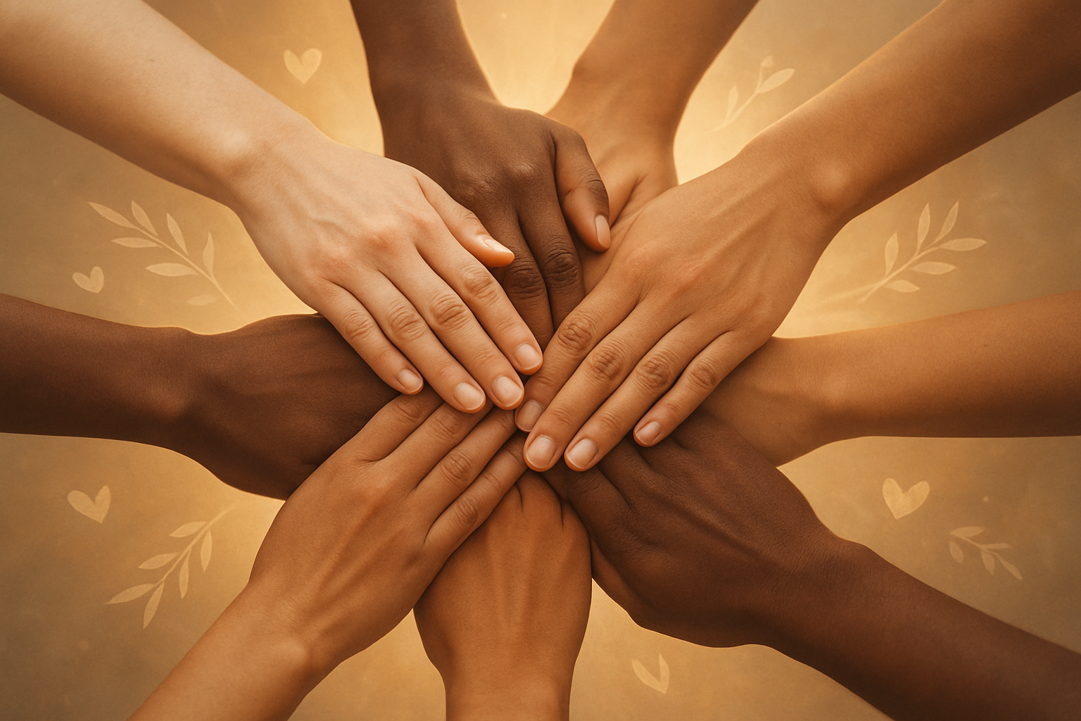 Create a realistic image of diverse hands coming together in a circle from above, representing unity and collective kindness, with hands of different skin tones including white, black, brown, and olive, gently overlapping in the center against a soft, warm background with golden hour lighting that creates a peaceful and hopeful atmosphere, surrounded by subtle symbols of giving like small hearts, olive branches, and gentle light rays emanating from the center, conveying compassion, community, and spiritual transformation. Absolutely NO text should be in the scene.