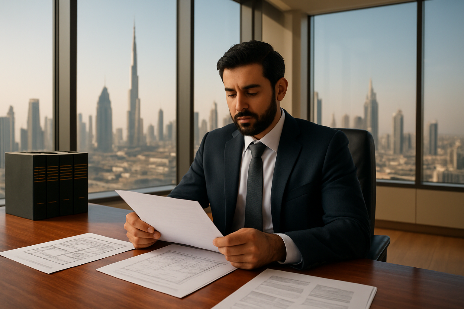 Create a realistic image of a modern Dubai office setting with a Middle Eastern male lawyer in a dark business suit reviewing property documents at a polished wooden desk, with Dubai's iconic skyline visible through floor-to-ceiling windows in the background, legal books and folders neatly arranged on the desk, warm natural lighting filtering through the windows creating a professional and trustworthy atmosphere, with architectural blueprints and property inspection reports spread across the desk surface, absolutely NO text should be in the scene.