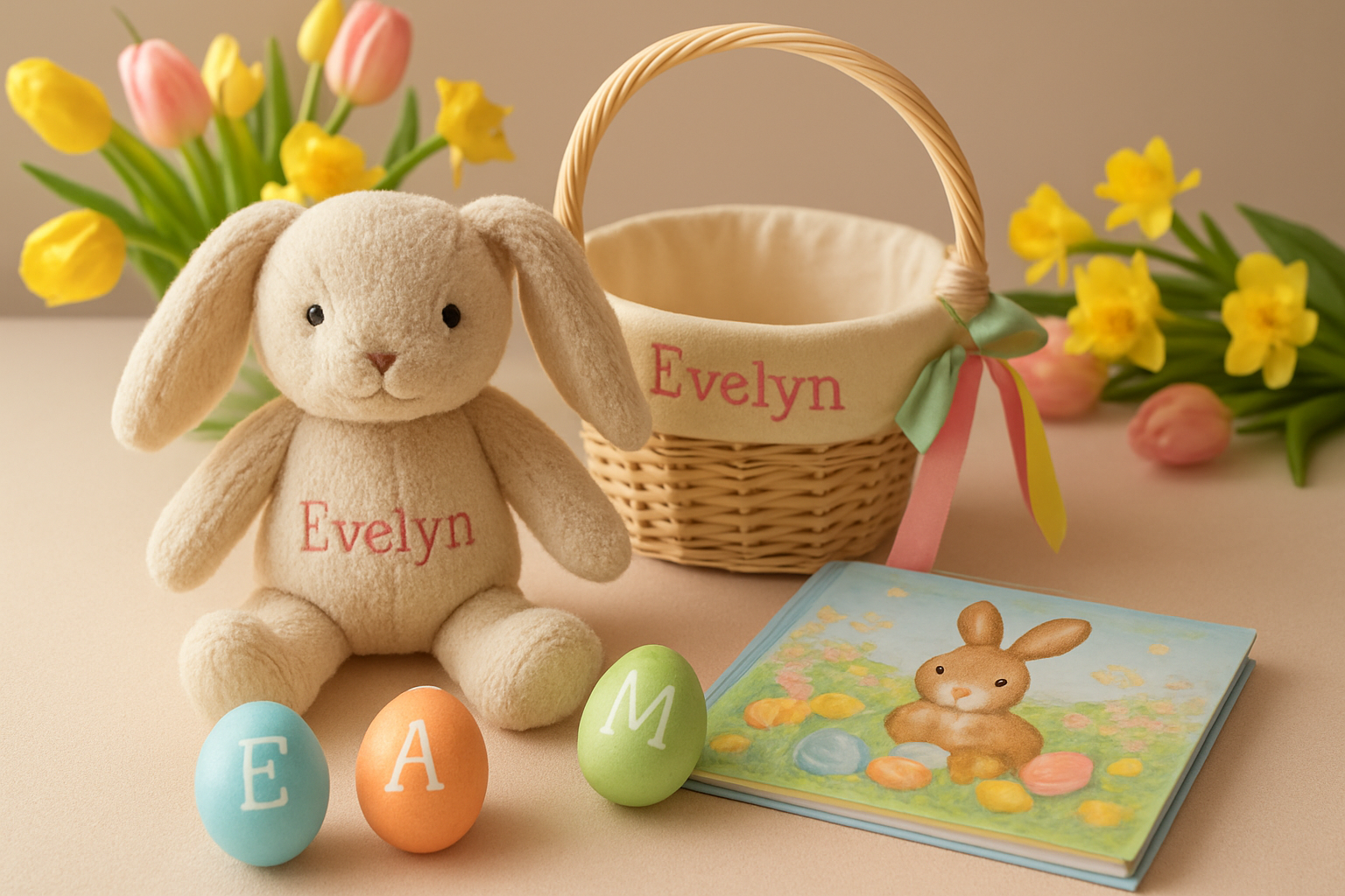 Create a realistic image of personalized Easter gifts arranged on a soft pastel table surface, featuring a custom embroidered bunny stuffed animal with a child's name, a personalized Easter basket with colorful ribbons, custom-decorated Easter eggs with individual names or initials, and a personalized children's book with Easter theme, all surrounded by spring flowers like tulips and daffodils, with warm natural lighting creating a cozy and thoughtful gift-giving atmosphere, shot from a slightly elevated angle to showcase the personalized details on each item, absolutely NO text should be in the scene.
