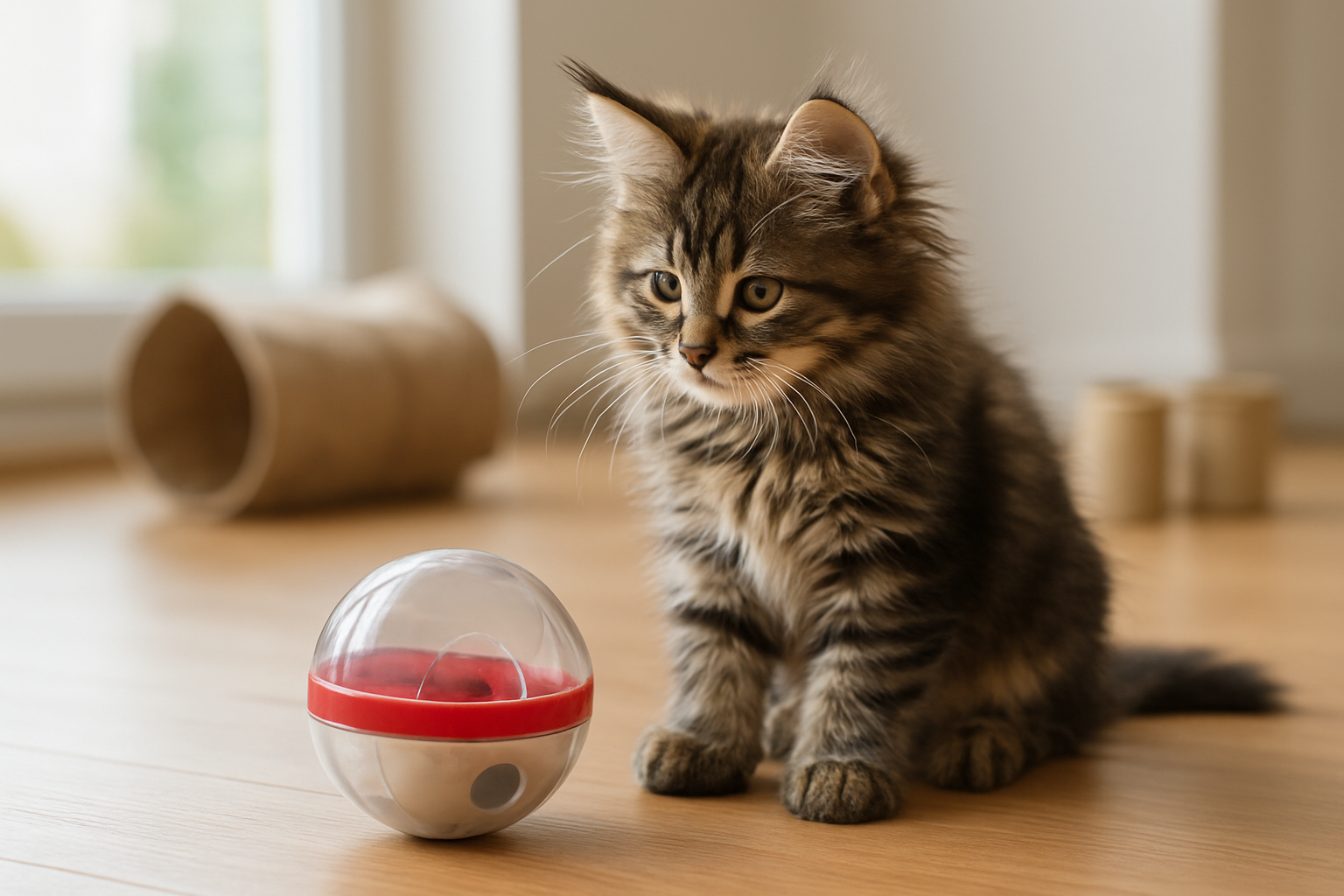 Create a realistic image of a fluffy Maine Coon kitten with distinctive ear tufts and long fur sitting attentively next to a puzzle toy or treat-dispensing ball, with the kitten appearing focused and engaged as if solving the puzzle, set in a bright indoor home environment with natural lighting from a nearby window, wooden flooring visible, and some cat training accessories like a small agility tunnel or treat containers in the soft-focused background, capturing an intelligent and alert expression on the kitten's face that demonstrates its problem-solving abilities, absolutely NO text should be in the scene.