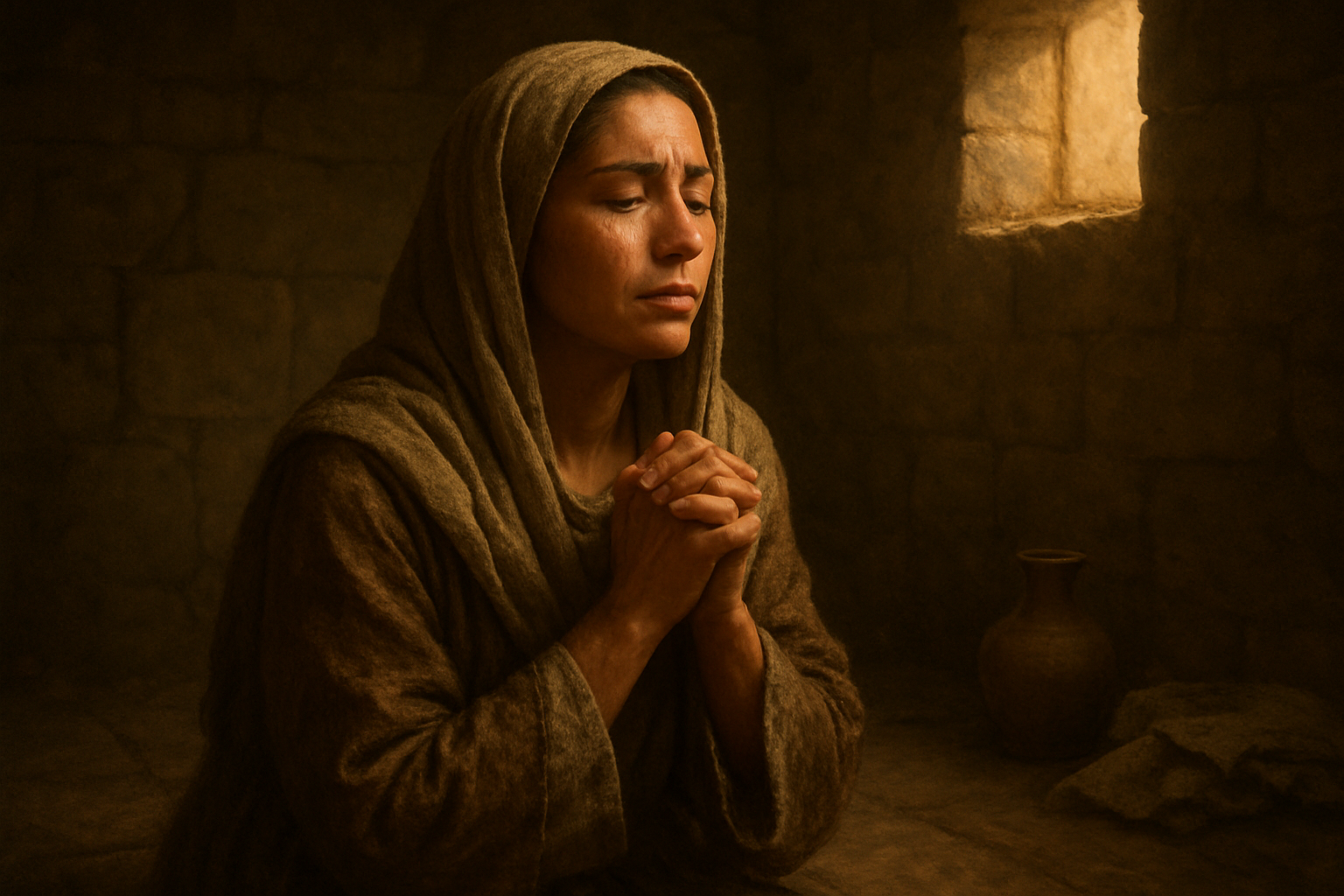 Create a realistic image of a Middle Eastern woman in ancient biblical clothing, kneeling in prayer with hands clasped and eyes closed, her face showing peaceful determination despite tears on her cheeks, surrounded by a dimly lit stone room with soft golden light filtering through a small window, casting gentle shadows that emphasize her strength and faith during a moment of deep contemplation and sorrow, with simple pottery and fabric in the background suggesting a humble dwelling, the overall mood conveying resilience and spiritual fortitude in the face of hardship, absolutely NO text should be in the scene.