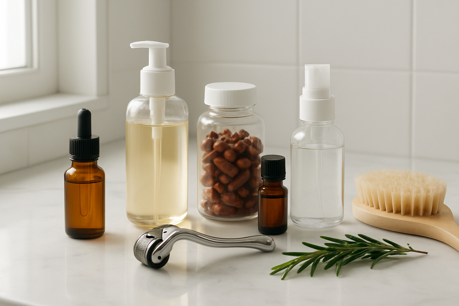 Create a realistic image of a clean, modern bathroom countertop featuring various hair fall treatment products including bottles of hair serum, supplements, a derma roller, essential oil bottles, and a spray bottle, with a soft-bristled brush and some fresh rosemary sprigs as natural treatment elements, all arranged neatly on a white marble surface with soft, natural lighting from a window creating gentle shadows, conveying a sense of hope and self-care for hair health. Absolutely NO text should be in the scene.