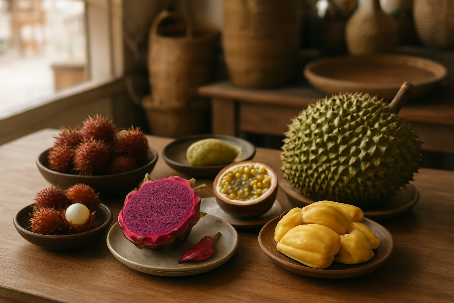 Create a realistic image of an elegant display showcasing exotic regional fruits from different continents including dragon fruit, rambutan, jackfruit, passion fruit, and durian arranged on a modern wooden table with soft natural lighting from a nearby window, featuring a diverse international marketplace atmosphere with subtle cultural elements like woven baskets and traditional serving plates in the background, warm and inviting mood that emphasizes the global appeal and growing popularity of these unique fruits, absolutely NO text should be in the scene.