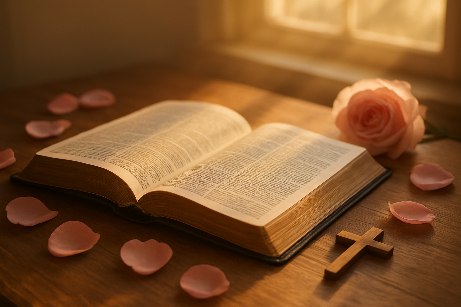 Create a realistic image of an open Bible with soft golden sunlight streaming through a window onto its pages, surrounded by subtle Valentine's Day elements like soft pink rose petals and a small wooden cross, set on a peaceful wooden table with warm natural lighting creating a serene and contemplative atmosphere, absolutely NO text should be in the scene.