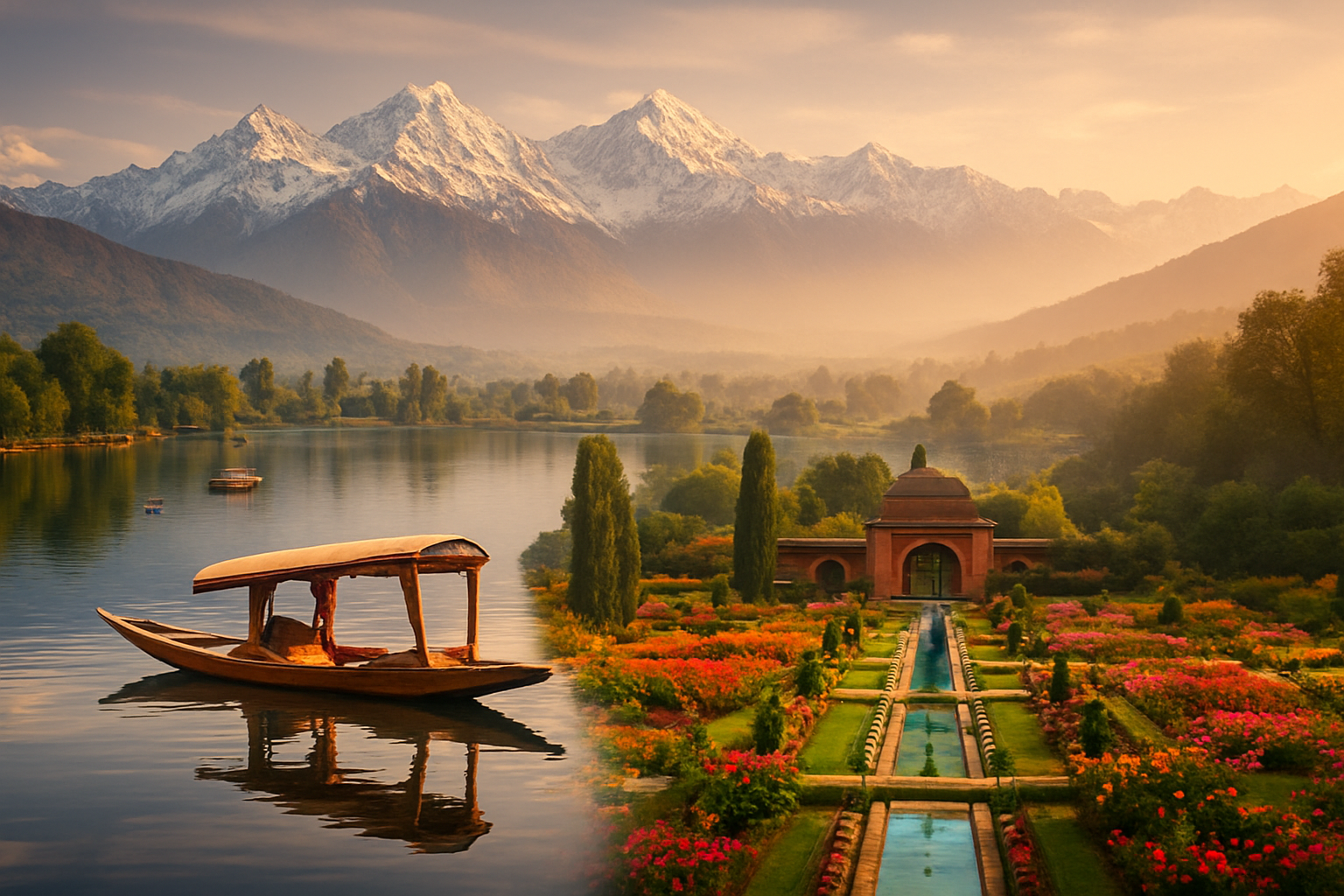 realistic image of a stunning collage-style scenic overview of Kashmir's most iconic destinations, featuring a serene shikara boat gliding on the glassy waters of Dal Lake with snow-capped Himalayan mountains in the background, a colorful Mughal garden with blooming flowers, and a misty valley landscape bathed in warm golden hour light, evoking a sense of wonder, adventure, and peaceful exploration across a 5-day journey. Absolutely NO text should be in the scene.
