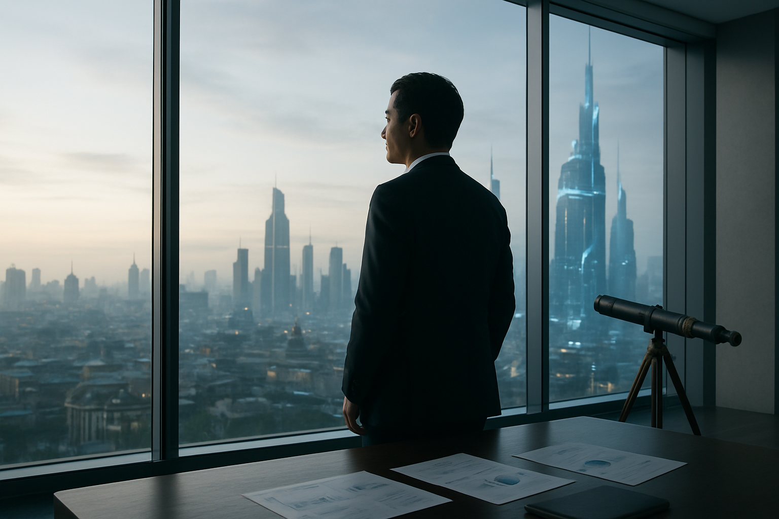 Create a realistic image of a professional Asian male CEO in a modern office standing at a large window overlooking a futuristic cityscape, with his silhouette against the glass as he gazes toward the horizon where traditional buildings transition into advanced technological structures with glowing elements, symbolizing the journey from present to future, with soft natural lighting from the window creating a contemplative atmosphere, a sleek conference table with strategic planning documents and a telescope positioned nearby suggesting forward-thinking vision, all rendered in a sophisticated business environment with clean lines and modern architecture. Absolutely NO text should be in the scene.