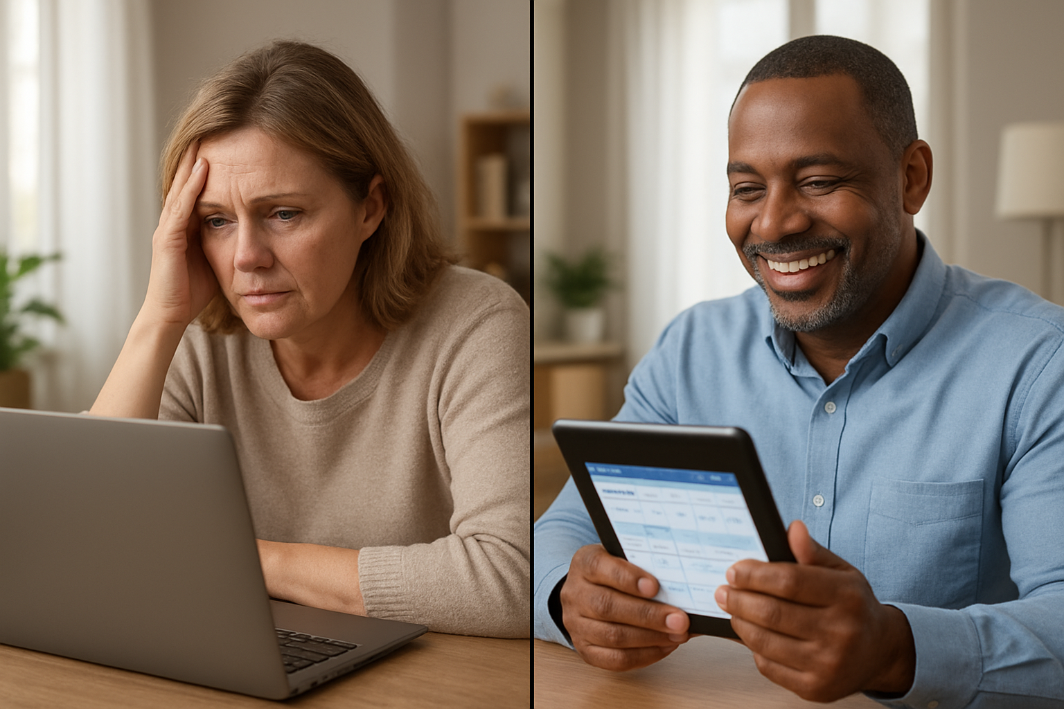 Create a realistic image of a split-screen composition showing two contrasting scenarios: on the left side, a frustrated middle-aged white female patient sitting at a desk looking at a laptop screen with a concerned expression, her hand on her forehead showing disappointment; on the right side, a confident middle-aged black male patient smiling while looking at a tablet, appearing satisfied and trusting; the background should be a modern home office setting with soft natural lighting from a window, medical appointment scheduling interfaces visible on both devices, warm and professional atmosphere emphasizing the contrast between negative and positive first impressions of digital healthcare experiences, absolutely NO text should be in the scene.