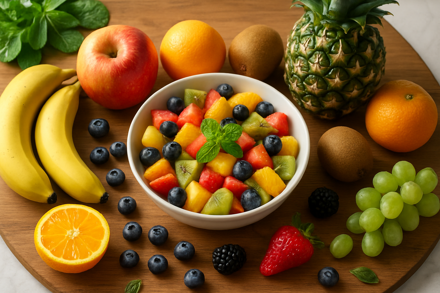 Create a realistic image of a vibrant overhead view of a wooden dining table with an abundant variety of fresh colorful fruits including apples, oranges, bananas, berries, grapes, kiwi, and pineapple artfully arranged around a white ceramic bowl filled with mixed fruit salad, surrounded by scattered individual fruits, green leafy vegetables in the background, natural morning sunlight streaming from the left side creating soft shadows, warm and inviting atmosphere suggesting health and vitality, clean minimalist kitchen setting with marble countertop visible at edges, fresh mint leaves as garnish, droplets of water on some fruits to show freshness, absolutely NO text should be in the scene.