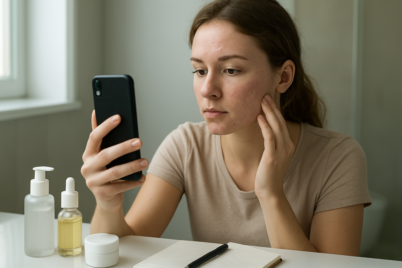 Create a realistic image of a white female in her twenties sitting at a clean bathroom vanity mirror, holding a smartphone to take a close-up selfie of her face to document acne scar progress, with skincare products including serums and creams neatly arranged on the counter beside her, a small notebook with a pen for tracking treatment results, soft natural lighting from a window, and a calm focused expression as she examines her skin, absolutely NO text should be in the scene.