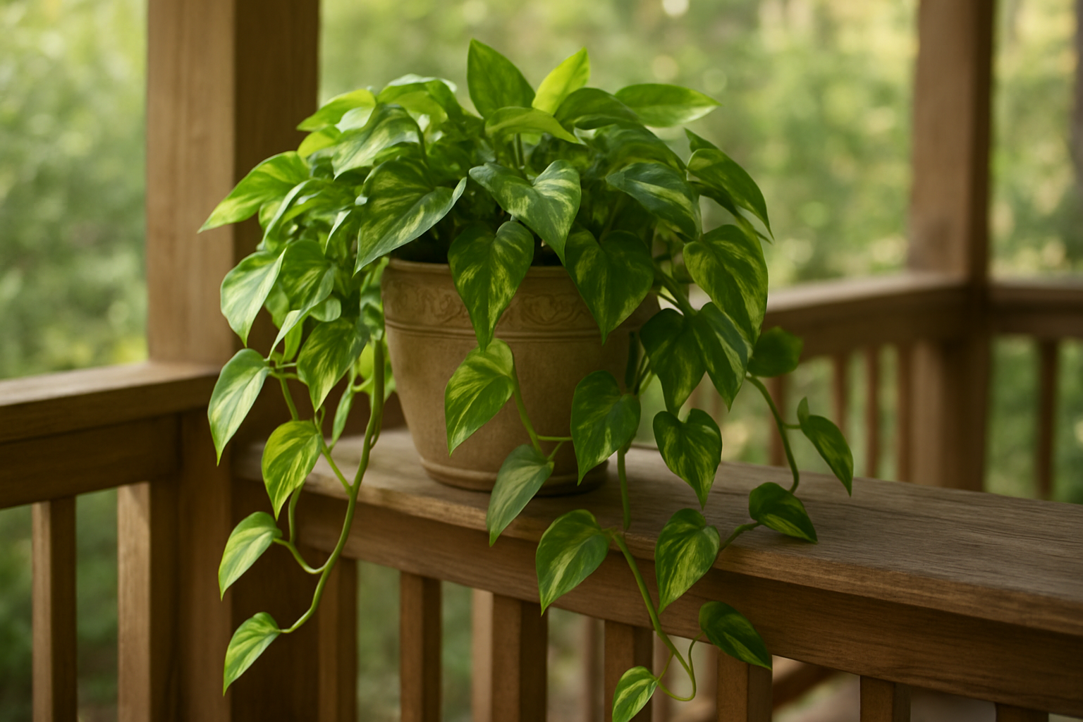 Create a realistic image of a lush pothos plant with long trailing green and yellow variegated vines cascading from a decorative pot placed on a porch railing, with soft natural lighting filtering through, wooden porch elements in the background, and a peaceful outdoor atmosphere that conveys low-maintenance gardening. Absolutely NO text should be in the scene.