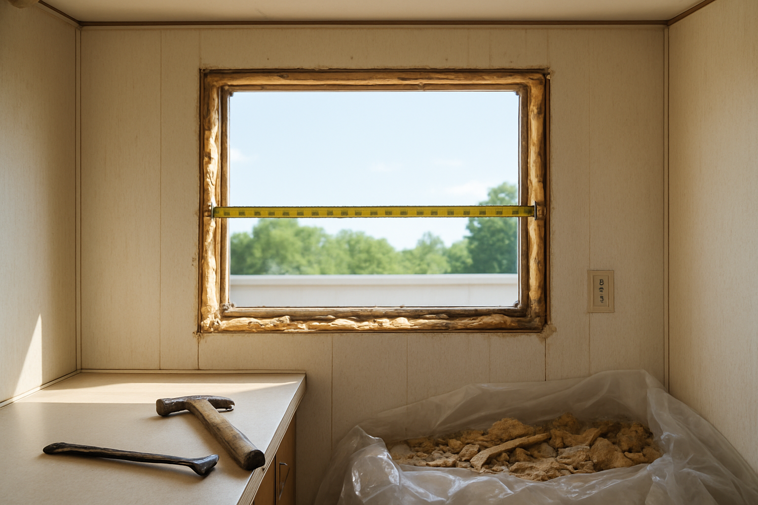 Create a realistic image of a mobile home interior showing a window opening being prepared for new window installation, with the old window frame removed revealing the rough opening, construction tools like a pry bar and hammer on a nearby surface, measuring tape extended across the opening, insulation material visible around the frame edges, bright natural daylight streaming through the opening, and construction debris neatly contained in a plastic tarp on the floor, captured in clear indoor lighting with focus on the prepared window opening. Absolutely NO text should be in the scene.