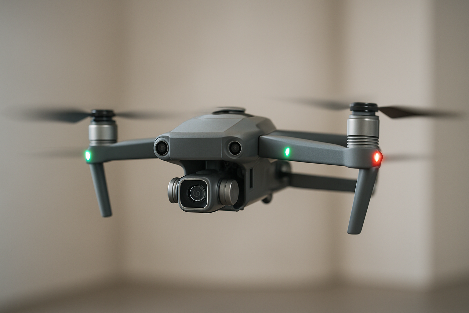 Create a realistic image of a modern drone hovering in mid-air with visible advanced technology features including LED indicator lights, GPS antenna, gimbal-stabilized camera, and obstacle avoidance sensors clearly visible on its sleek body, set against a clean indoor studio environment with soft diffused lighting highlighting the drone's sophisticated safety systems and smart technology components, with subtle depth of field effect focusing on the drone while keeping the neutral background slightly blurred, absolutely NO text should be in the scene.