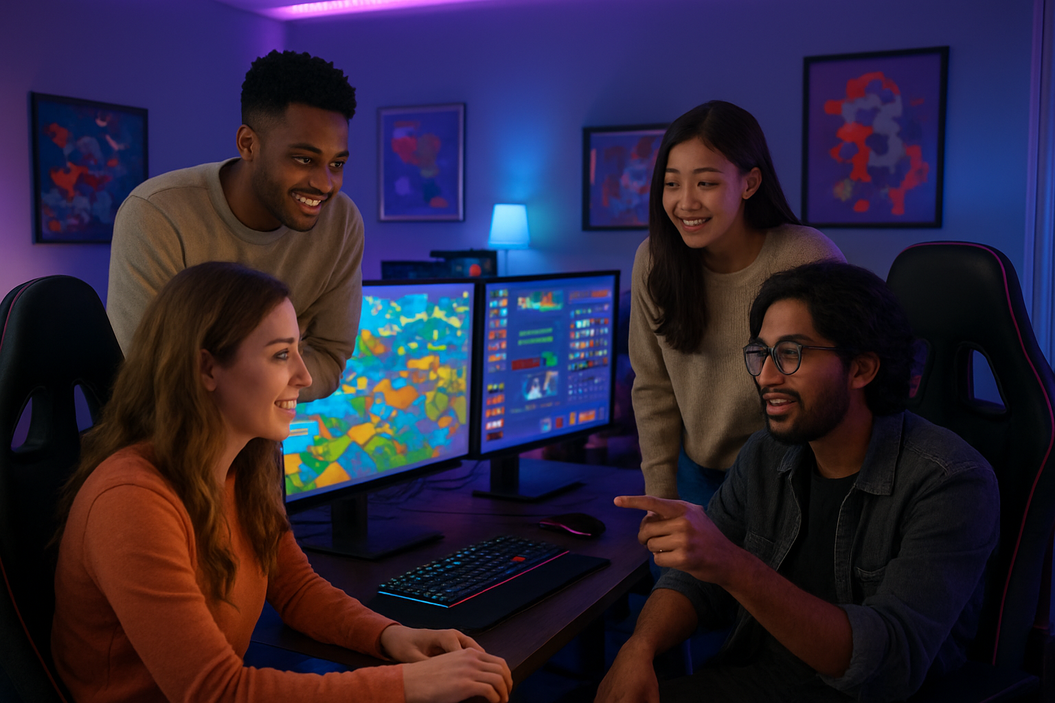 Create a realistic image of diverse young adults gathered around a large gaming setup with multiple screens displaying colorful, creative game interfaces featuring building tools, character customization menus, and social interaction elements, with friends collaborating and sharing ideas in a modern gaming room filled with RGB lighting, gaming chairs, and creative artwork on the walls, capturing an atmosphere of teamwork and artistic expression in a warm, inviting environment with soft purple and blue ambient lighting. Absolutely NO text should be in the scene.