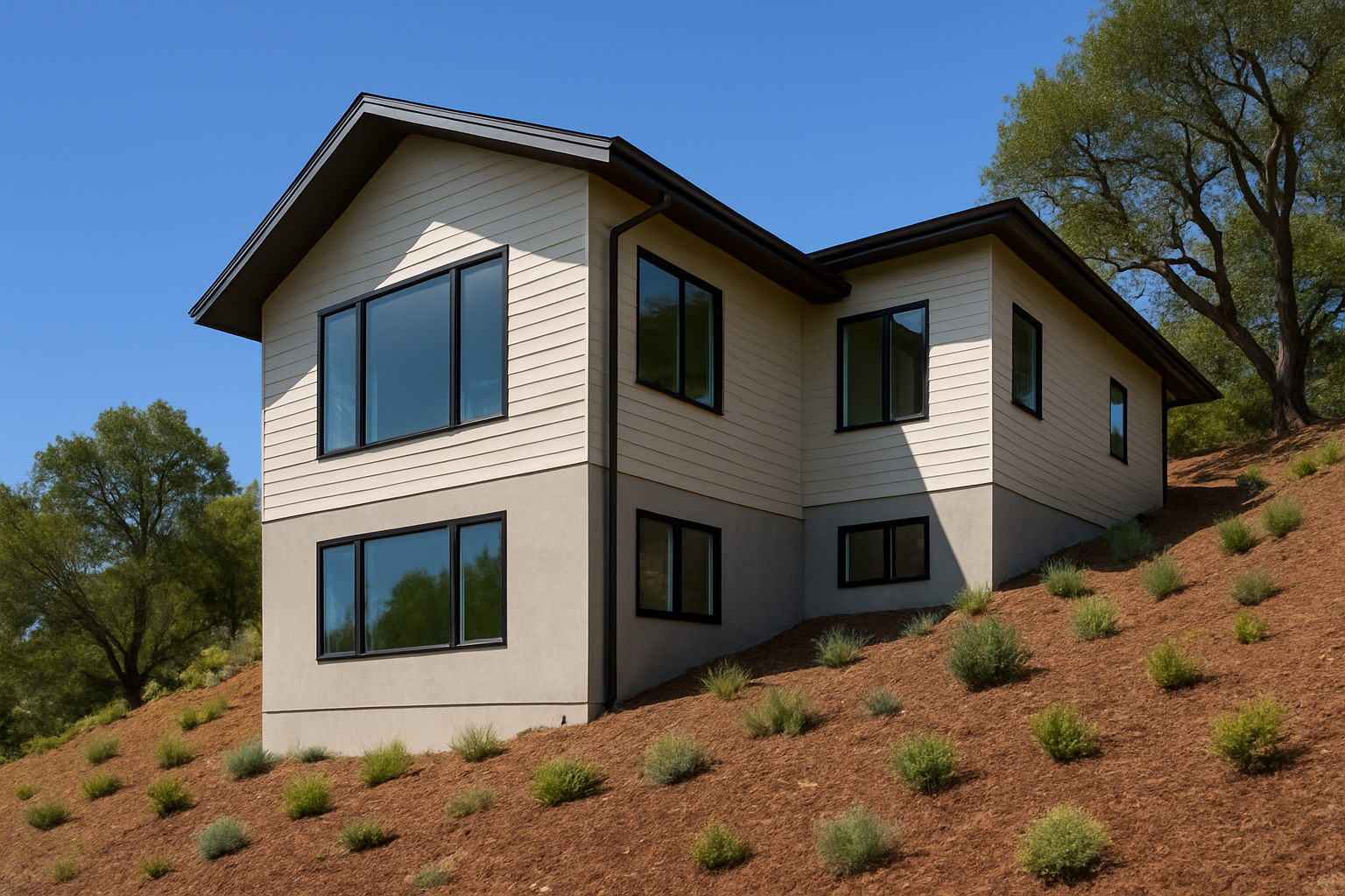 Create a realistic image of a modern house built on a sloped hillside lot showing different window types specifically designed for slope conditions, featuring large picture windows, casement windows, and awning windows strategically placed at varying elevations on the sloped terrain, with the house foundation following the natural grade of the hill, surrounded by landscaped terrain that clearly shows the challenging slope angle, under bright natural daylight that highlights the architectural details and window placement decisions, with a clear blue sky background and some mature trees on the slope. Absolutely NO text should be in the scene.