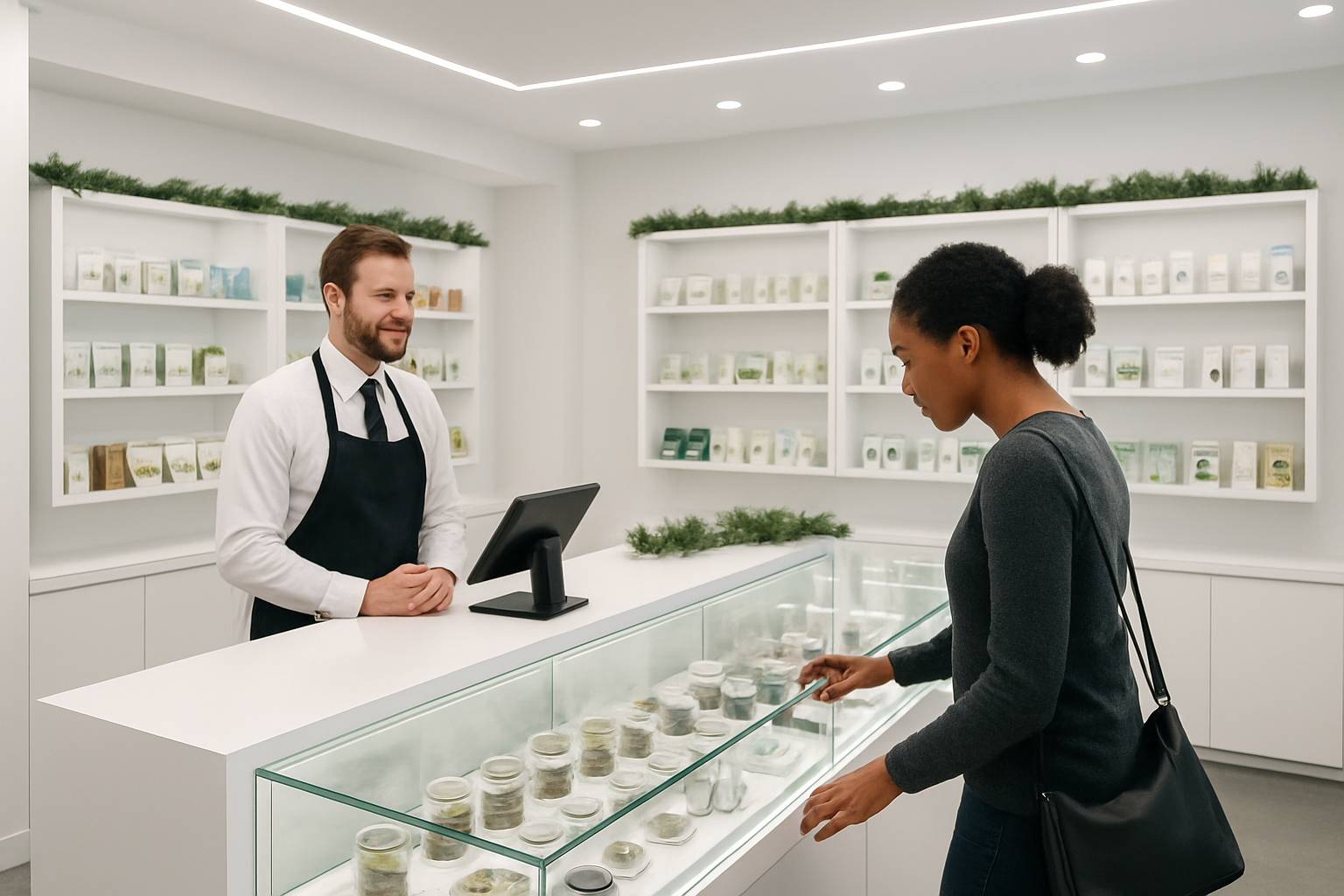 Create a realistic image of a modern, well-lit licensed cannabis dispensary interior with glass display cases containing various cannabis products, a clean white counter with a digital tablet point-of-sale system, professional product shelving along the walls displaying packaged cannabis items, bright LED lighting creating a welcoming atmosphere, holiday decorations subtly placed around the space including small evergreen garlands, a white male budtender in professional attire standing behind the counter, and a black female customer examining products at the display case, with a clean medical-grade appearance and professional retail environment, absolutely NO text should be in the scene.