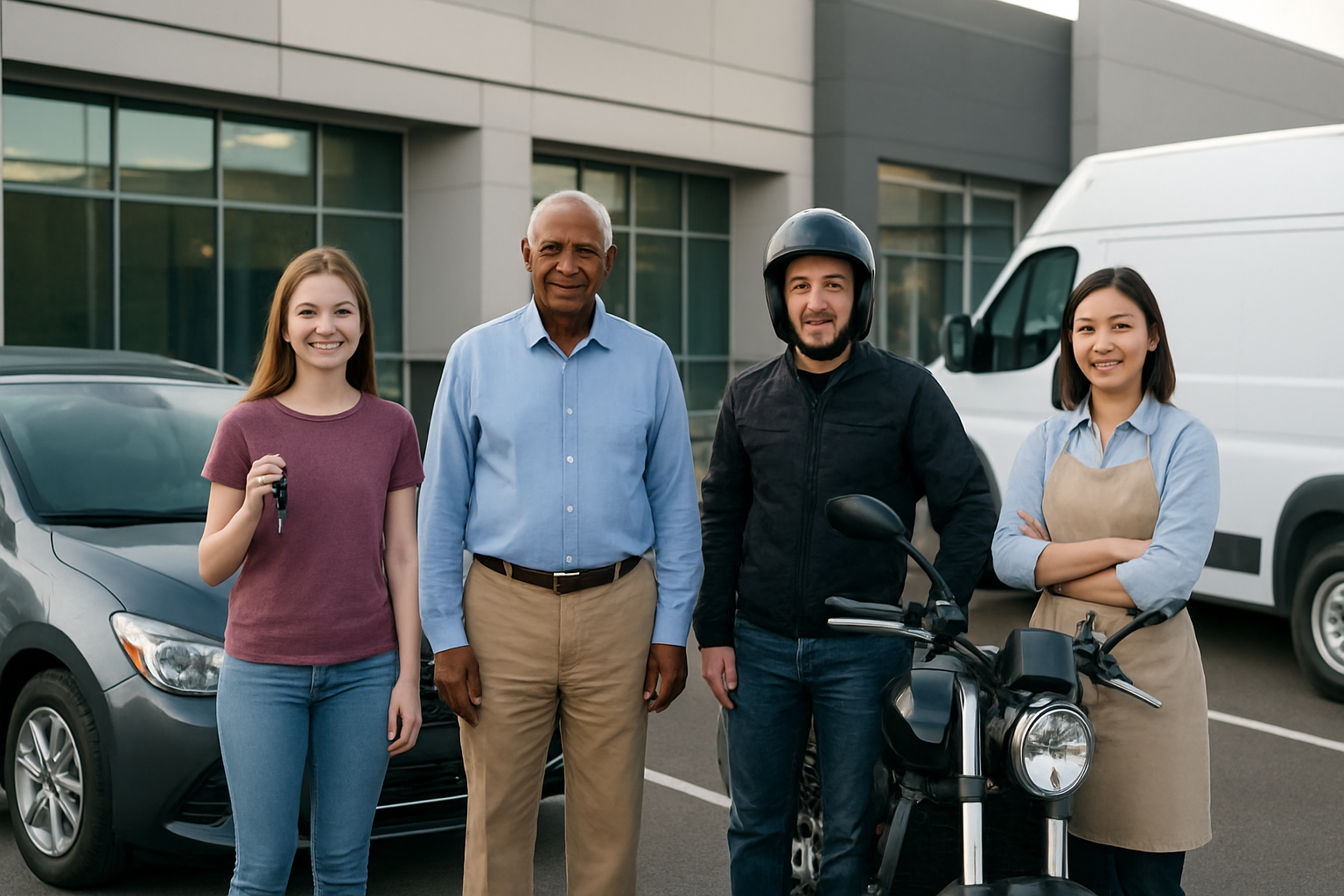 Create a realistic image of a diverse group of drivers representing unique insurance needs: a white female teenager holding car keys next to a compact car, a black male senior citizen standing beside a luxury sedan, a white male with a motorcycle helmet next to his bike, and an Asian female small business owner near a delivery van, all positioned in a modern insurance office parking lot with professional lighting and a clean, organized background that conveys specialized insurance services, absolutely NO text should be in the scene.