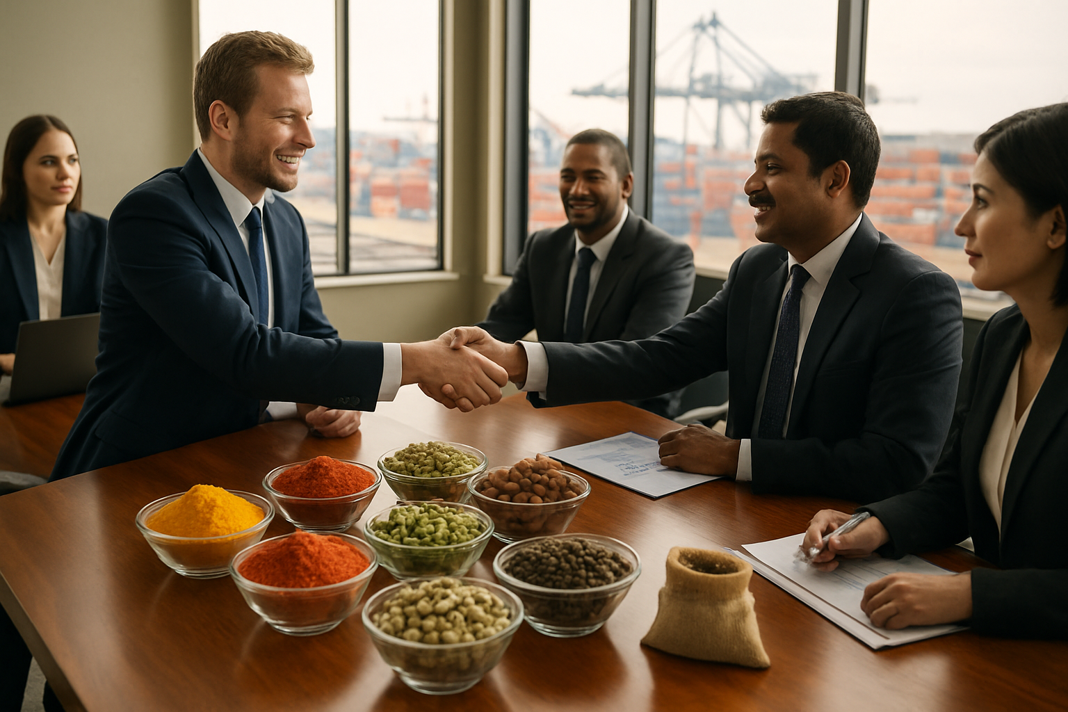 Create a realistic image of a modern international business meeting room with a large polished wooden conference table displaying an array of premium Indian spices in elegant glass bowls and small burlap sacks, including vibrant turmeric, red chili powder, cardamom pods, cinnamon sticks, and black peppercorns, with a white male business executive and an Indian male spice supplier shaking hands across the table while other diverse business professionals observe, laptops and documents scattered on the table, large windows showing a bustling port with shipping containers in the background, warm natural lighting creating a professional yet inviting atmosphere, symbolizing successful international trade partnerships and strategic business growth, absolutely NO text should be in the scene.