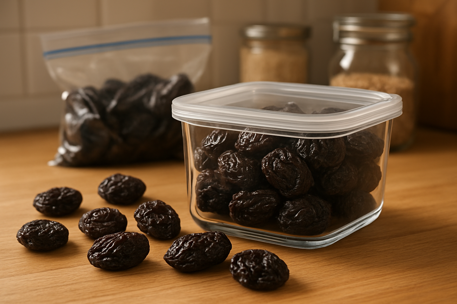 Create a realistic image of fresh dark purple prunes displayed in a clear glass storage container with an airtight lid, alongside loose prunes scattered on a clean wooden kitchen counter, with additional storage options like sealed plastic bags and pantry jars visible in the background, under warm natural kitchen lighting that highlights the wrinkled texture and rich color of the dried fruits, absolutely NO text should be in the scene.