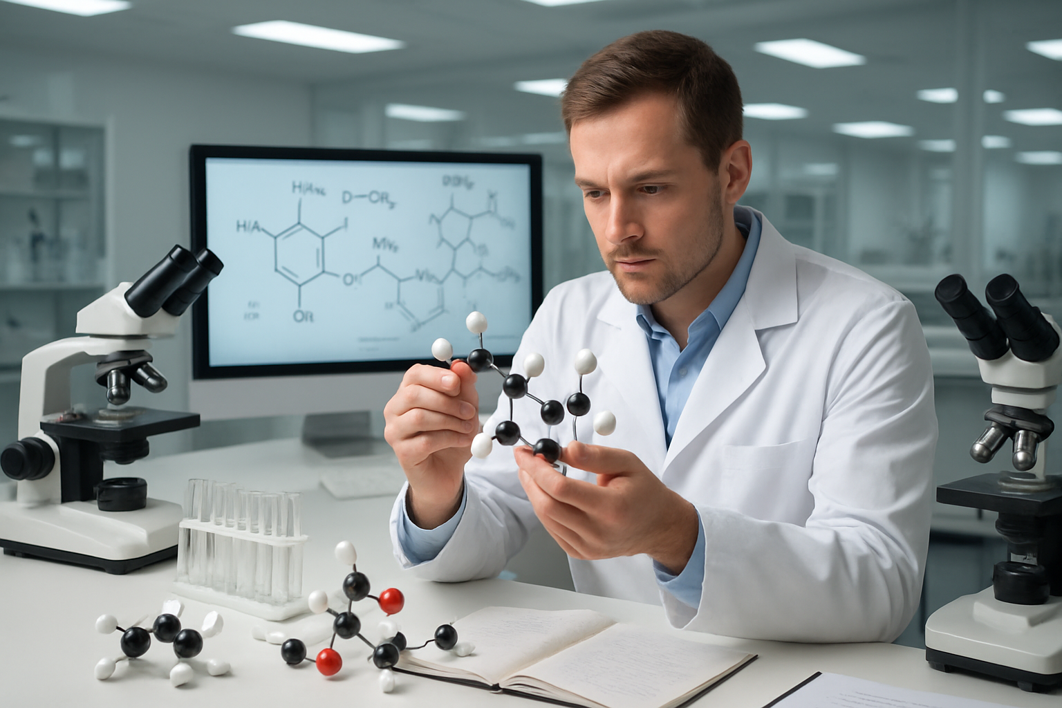 Create a realistic image of a modern scientific laboratory with a white male researcher in a lab coat examining molecular structure models and chemical compounds on a clean white desk, surrounded by scientific equipment including microscopes, test tubes with clear liquids, and research papers, with bright fluorescent lighting creating a professional medical research atmosphere, featuring detailed molecular diagrams and chemical formulas visible on a computer screen in the background, absolutely NO text should be in the scene.