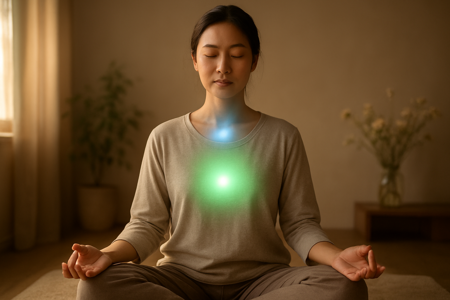 Create a realistic image of a peaceful meditation scene showing the heart and throat chakra energy centers, featuring a serene Asian female in comfortable meditation clothing sitting cross-legged with her eyes gently closed, with soft glowing green light emanating from her chest area representing the heart chakra and gentle blue light glowing from her throat area representing the throat chakra, surrounded by a calm indoor setting with soft natural lighting, delicate flowers or plants in the background, and an overall atmosphere of tranquility and spiritual healing, with warm golden ambient lighting creating a soothing mood, absolutely NO text should be in the scene.