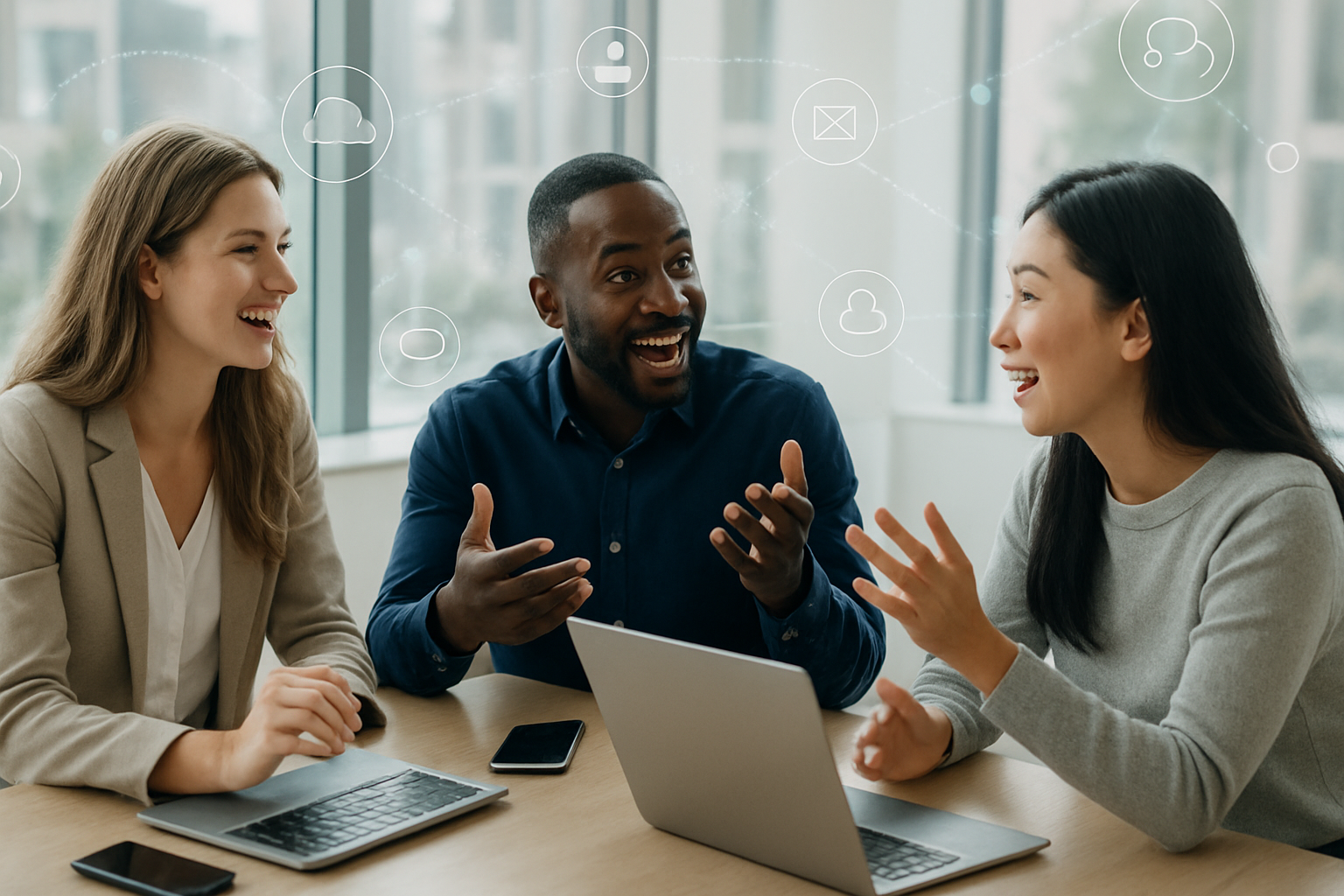 Create a realistic image of diverse people including a white female, black male, and Asian female sitting around a modern conference table with laptops and smartphones, actively engaged in animated discussion and collaboration, with digital connection icons and network symbols floating subtly in the air around them, set in a bright contemporary office space with large windows showing natural daylight, capturing an energetic and collaborative mood that represents community building and daily engagement, absolutely NO text should be in the scene.