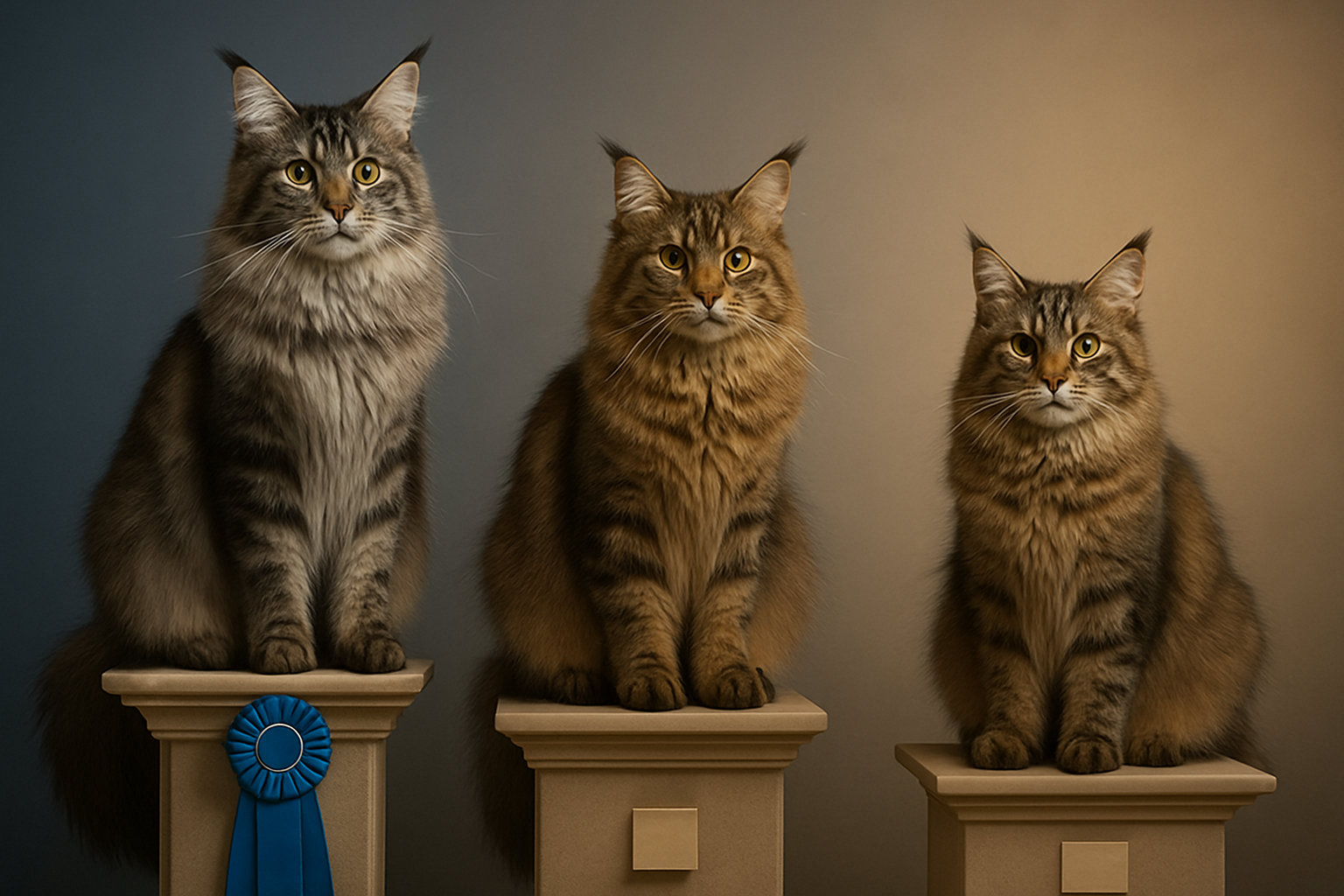 Create a realistic image of several Maine Coon cats of varying qualities and appearances arranged in a comparison display, featuring cats with different coat patterns, colors, and breeding standards from left to right, showing a prize-winning show-quality Maine Coon with perfect features, a mid-grade breeding cat, and a pet-quality Maine Coon, each sitting on elegant pedestals of different heights, with subtle price tags or ribbons indicating different value tiers, set against a soft gradient background transitioning from luxurious deep blue to warm cream, with professional studio lighting creating gentle shadows that highlight the cats' distinctive features and coat textures, absolutely NO text should be in the scene.
