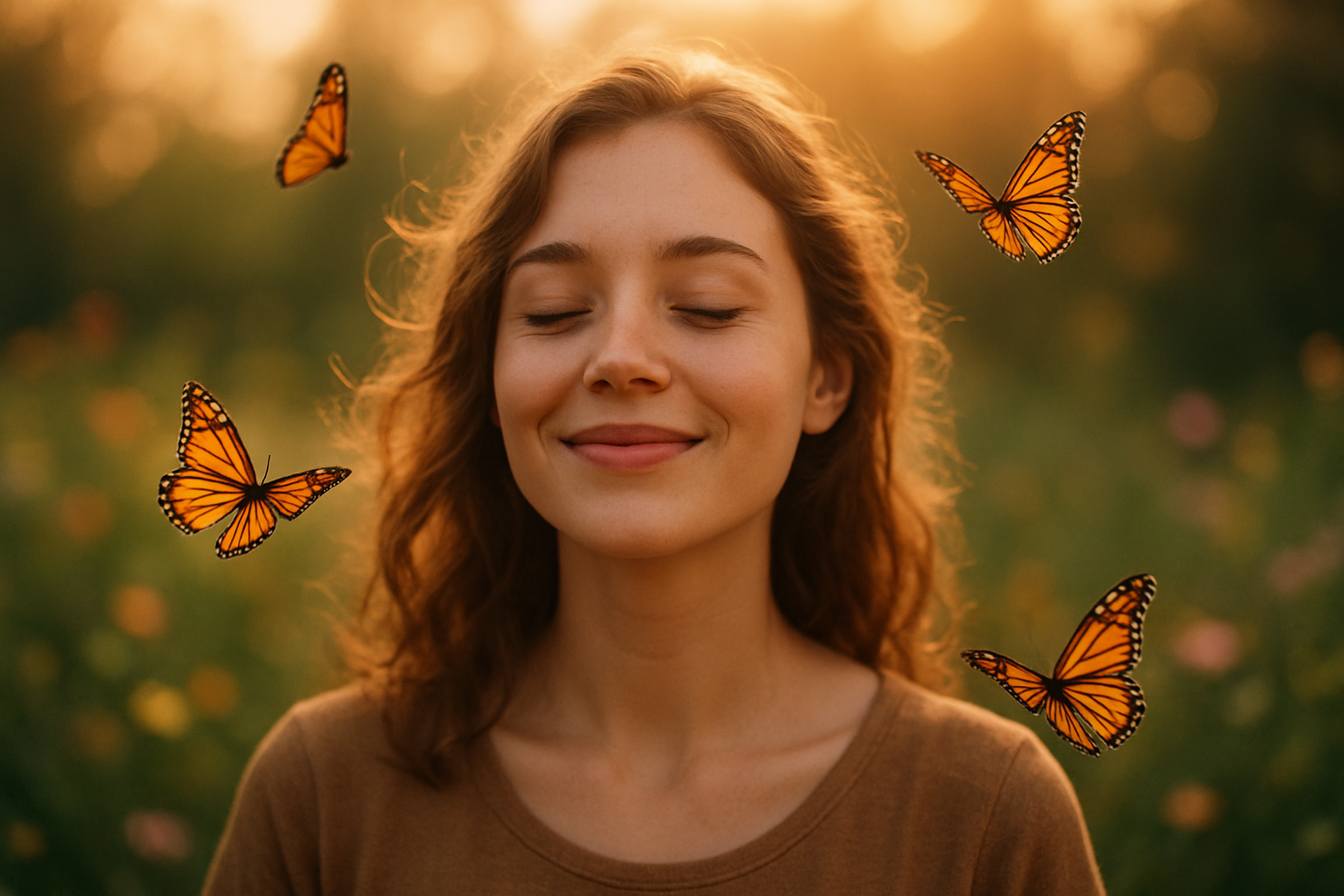 Create a realistic image of a young white woman with her eyes closed and a gentle smile, experiencing a moment of natural joy and wonder, with soft golden hour lighting creating a warm glow around her face, butterflies floating gracefully in the air around her, representing the spontaneous and magical feeling of falling in love, set against a blurred natural background of blooming flowers and soft green foliage, with dreamy bokeh effects and warm sunset colors creating an enchanting romantic atmosphere. Absolutely NO text should be in the scene.