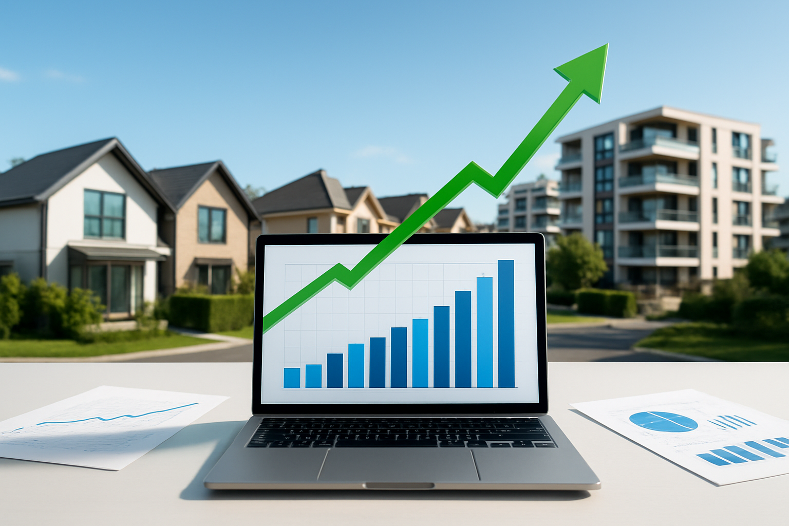 Create a realistic image of a modern real estate market analysis scene featuring upward trending arrow graphics overlaid on residential property skyline, professional charts and graphs displaying rising property values on a sleek tablet or laptop screen in the foreground, contemporary houses and apartment buildings in the background showing various architectural styles, bright daylight with clear blue sky creating an optimistic business atmosphere, clean modern office desk surface with financial documents scattered around, emphasizing growth and positive market momentum through visual elements like green upward arrows and ascending line graphs, absolutely NO text should be in the scene.