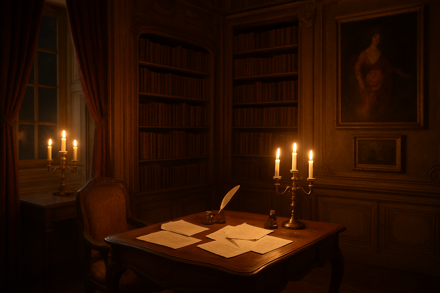 Create a realistic image of an elegant 18th-century French study room with ornate wooden bookshelves filled with leather-bound poetry volumes, a mahogany writing desk with quill pens, ink wells, and scattered handwritten manuscripts, soft candlelight illuminating the scene from brass candelabras, creating warm golden shadows on the walls adorned with classical paintings, depicting the intellectual atmosphere where poetic masters crafted their revolutionary works during the Enlightenment period, with baroque architectural details and rich burgundy curtains framing tall windows, absolutely NO text should be in the scene.