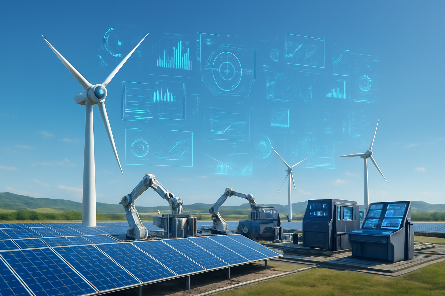 Create a realistic image of a modern energy production facility with futuristic AI-powered wind turbines and solar panels in the foreground, holographic data visualizations and digital interfaces floating above the renewable energy infrastructure, sleek control systems with glowing blue screens displaying energy optimization patterns, a clean industrial landscape with rolling green hills in the background, bright daylight with clear blue skies, advanced robotic maintenance systems working on the equipment, and streaming data connections between different energy generation units, all conveying innovation and technological transformation in sustainable energy production, absolutely NO text should be in the scene.