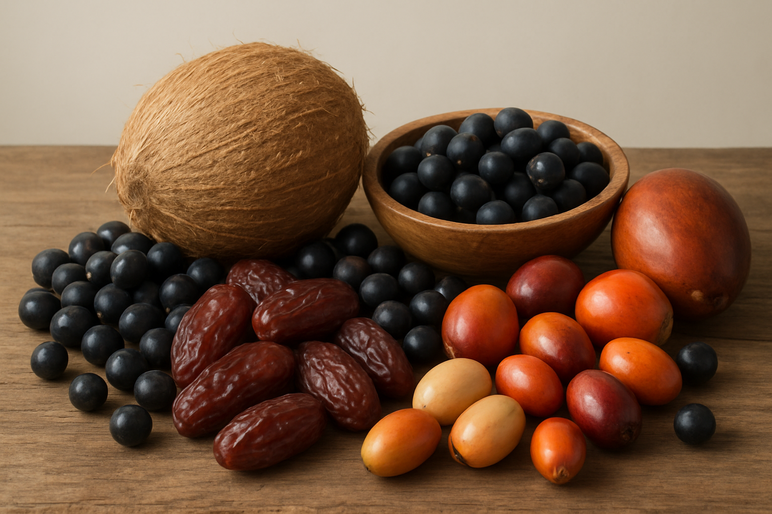 Create a realistic image of an assortment of common palm fruit varieties including dates, coconuts, acai berries, saw palmetto berries, and doum palm fruits artfully arranged on a rustic wooden surface, with natural daylight illuminating the colorful display showing the diverse shapes, sizes and textures of each fruit type, set against a clean neutral background that highlights the natural beauty and variety of these tropical and subtropical palm fruits, absolutely NO text should be in the scene.
