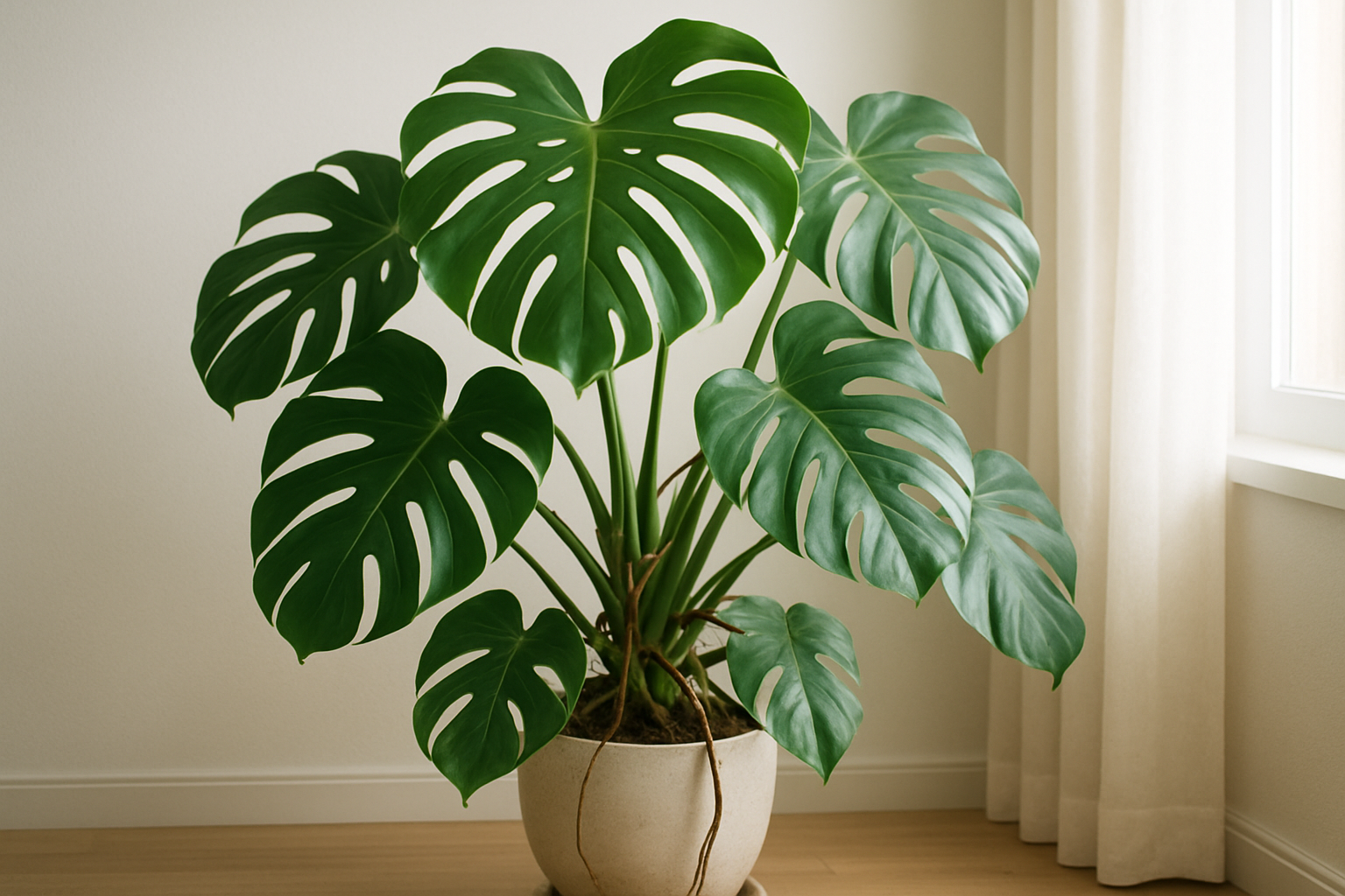 Create a realistic image of a mature Monstera Deliciosa plant with large, glossy green leaves featuring distinctive natural holes and splits, positioned in a bright indoor setting with soft natural lighting filtering through a window, showing the plant's characteristic fenestrated foliage and thick aerial roots, with a clean white or neutral background wall, captured from a slight angle to showcase the plant's impressive size and iconic Swiss cheese-like leaf pattern, absolutely NO text should be in the scene.