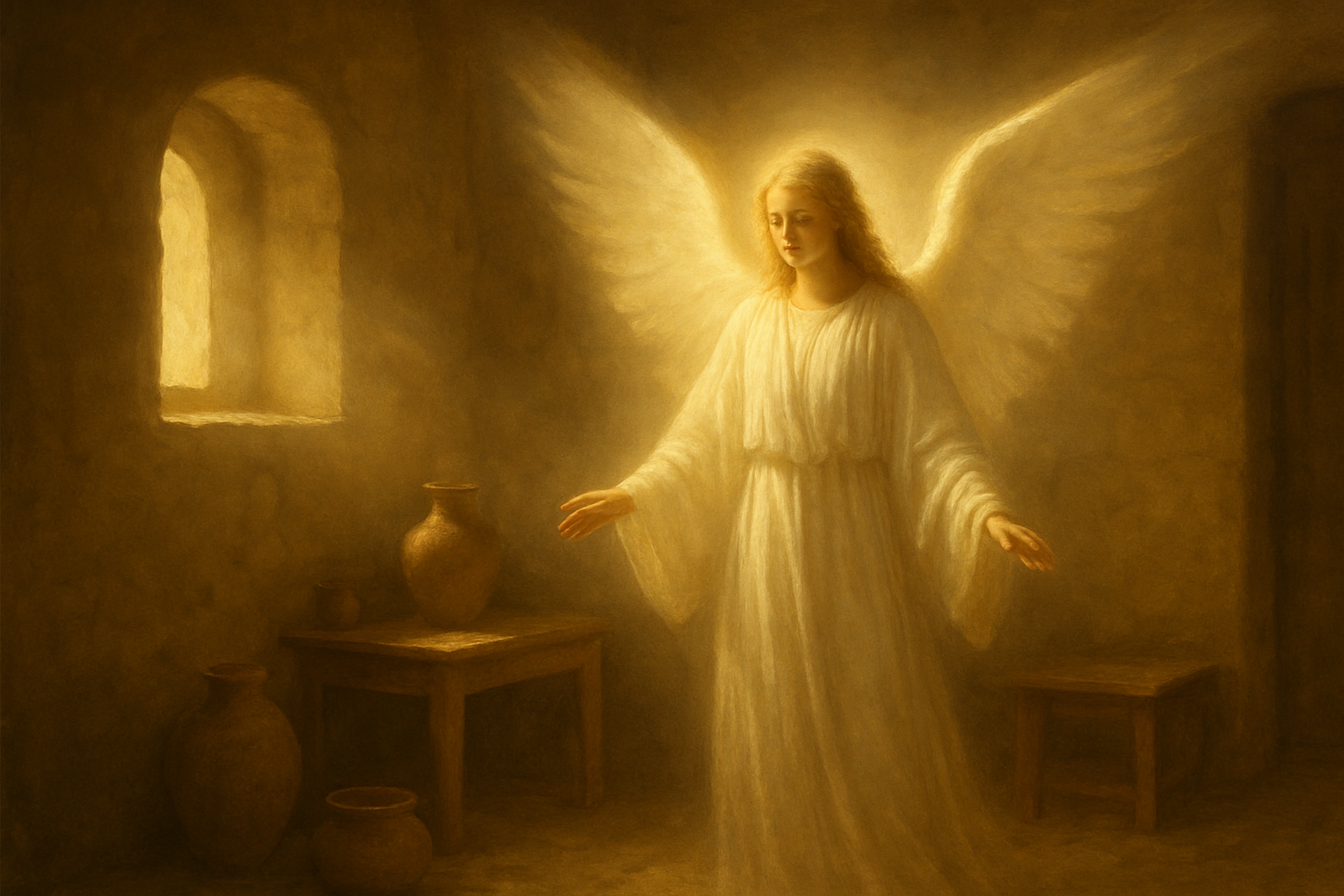 Create a realistic image of a radiant angelic figure with flowing white robes and luminous wings appearing in a softly lit ancient Middle Eastern home interior, with warm golden light emanating from the angel creating gentle shadows on stone walls, clay vessels and simple wooden furniture visible in the background, peaceful and divine atmosphere with soft rays of heavenly light filtering through the scene, absolutely NO text should be in the scene.