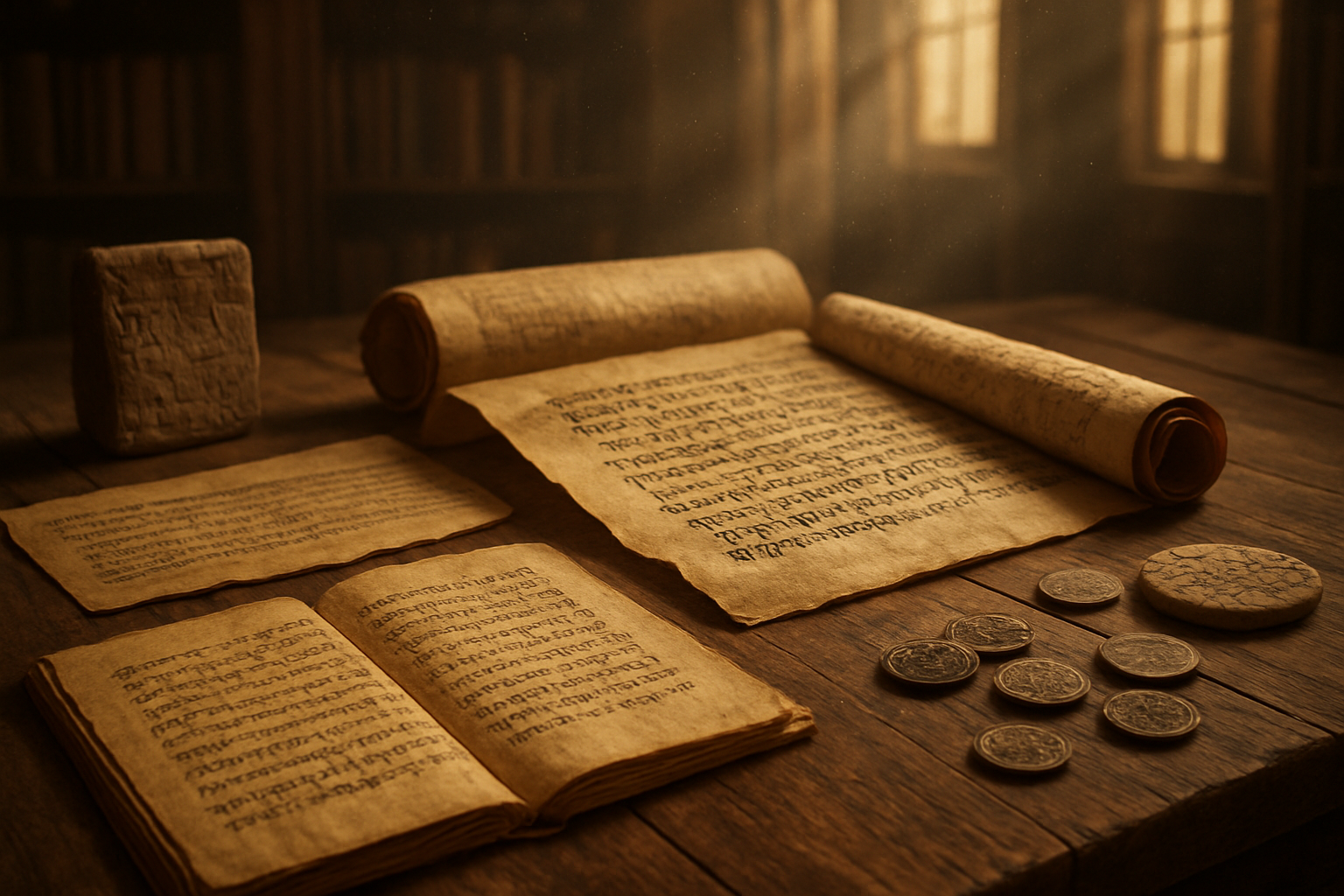 Create a realistic image of ancient scrolls and manuscripts spread across a wooden table, with Hebrew and Greek texts visible on aged parchment, accompanied by archaeological artifacts like clay tablets and ancient coins, set in a scholarly library environment with warm golden lighting filtering through tall windows, creating an atmosphere of historical research and biblical scholarship, with dust particles visible in the light beams, absolutely NO text should be in the scene.