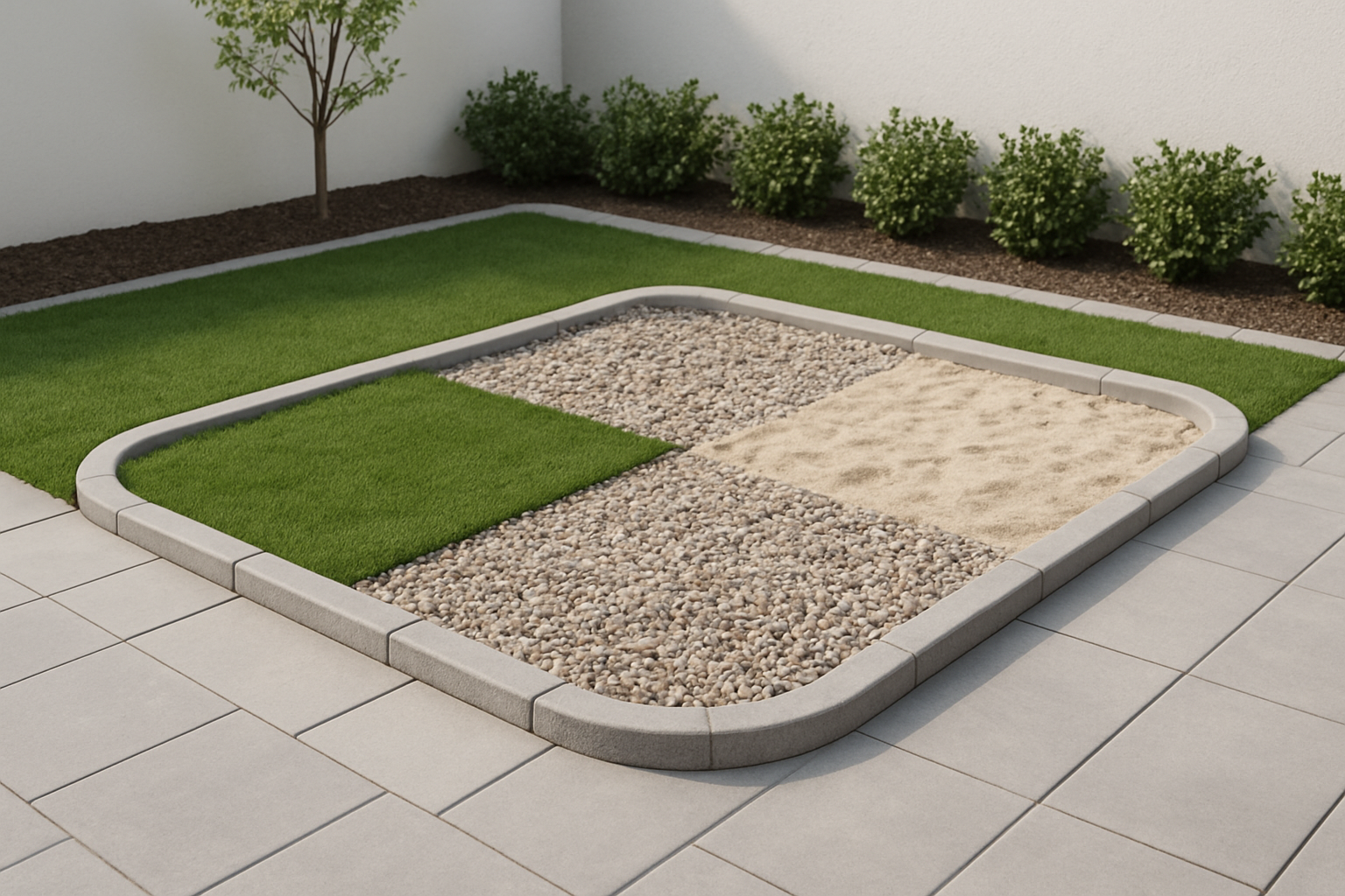 Create a realistic image of a backyard dog potty area featuring multiple surface types including artificial grass turf, gravel stones, and sand patches all within a single designated zone, surrounded by a low decorative border, with a clean modern backyard setting, natural daylight lighting, and absolutely NO text should be in the scene.