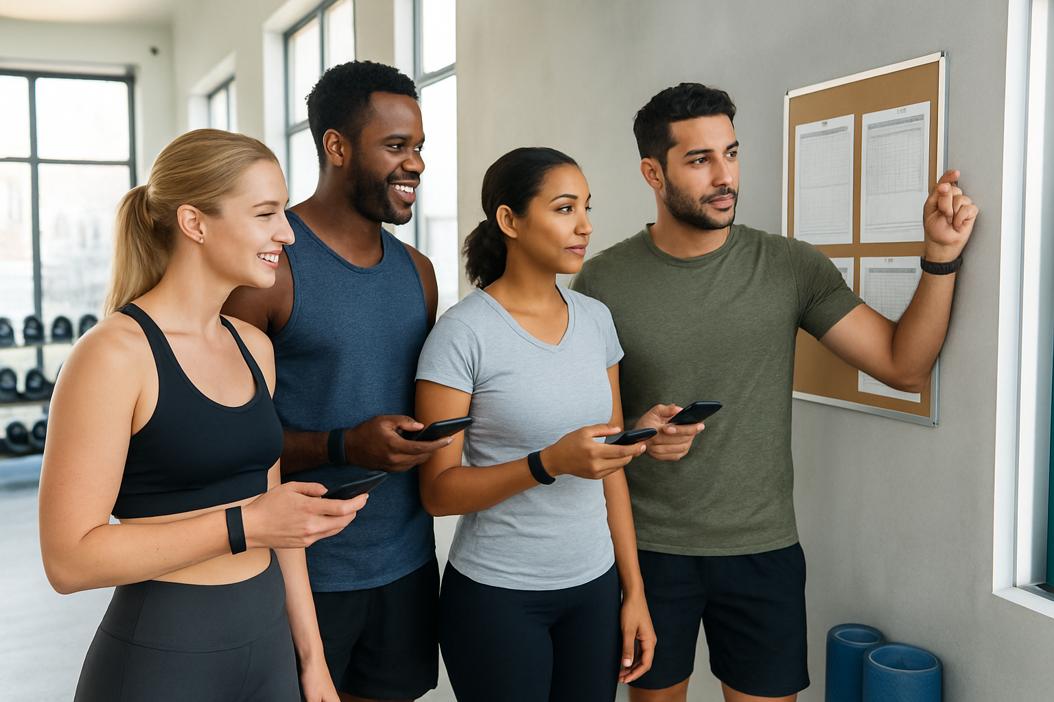 Create a realistic image of a diverse group of people including a white female and black male in athletic wear standing together in a modern gym setting, holding smartphones and fitness trackers while looking at workout schedules on a bulletin board, with exercise equipment like dumbbells and yoga mats visible in the background, bright natural lighting coming through large windows creating an motivational and supportive atmosphere, absolutely NO text should be in the scene.