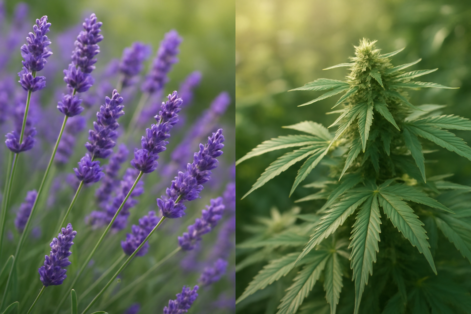 Create a realistic image of a split composition showing linalool's natural sources: on the left side, vibrant purple lavender flowers in full bloom with detailed flower spikes and green stems, and on the right side, healthy green cannabis plants with distinctive serrated leaves and trichome-covered buds, set against a soft-focus botanical garden background with natural sunlight filtering through, creating a scientific yet organic mood that emphasizes the connection between these plants as sources of the linalool terpene, with subtle depth of field and warm natural lighting, absolutely NO text should be in the scene.