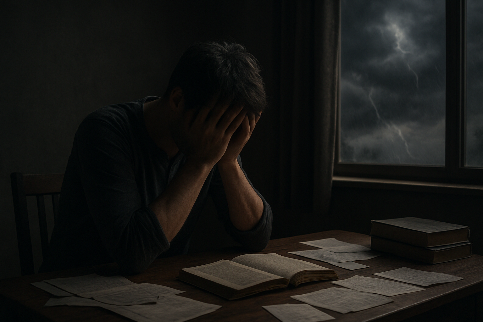 உச்சம் vs நீச்சம்: எது உங்கள் வாழ்க்கையை மாற்றும்? Create a realistic image of a person sitting alone in a dimly lit room with their head in their hands showing distress and contemplation, surrounded by scattered papers and books on a wooden desk, with dark storm clouds visible through a window in the background, creating a somber and challenging atmosphere that represents struggles and obstacles, with muted lighting and shadows emphasizing the mood of difficulty and hardship, absolutely NO text should be in the scene.