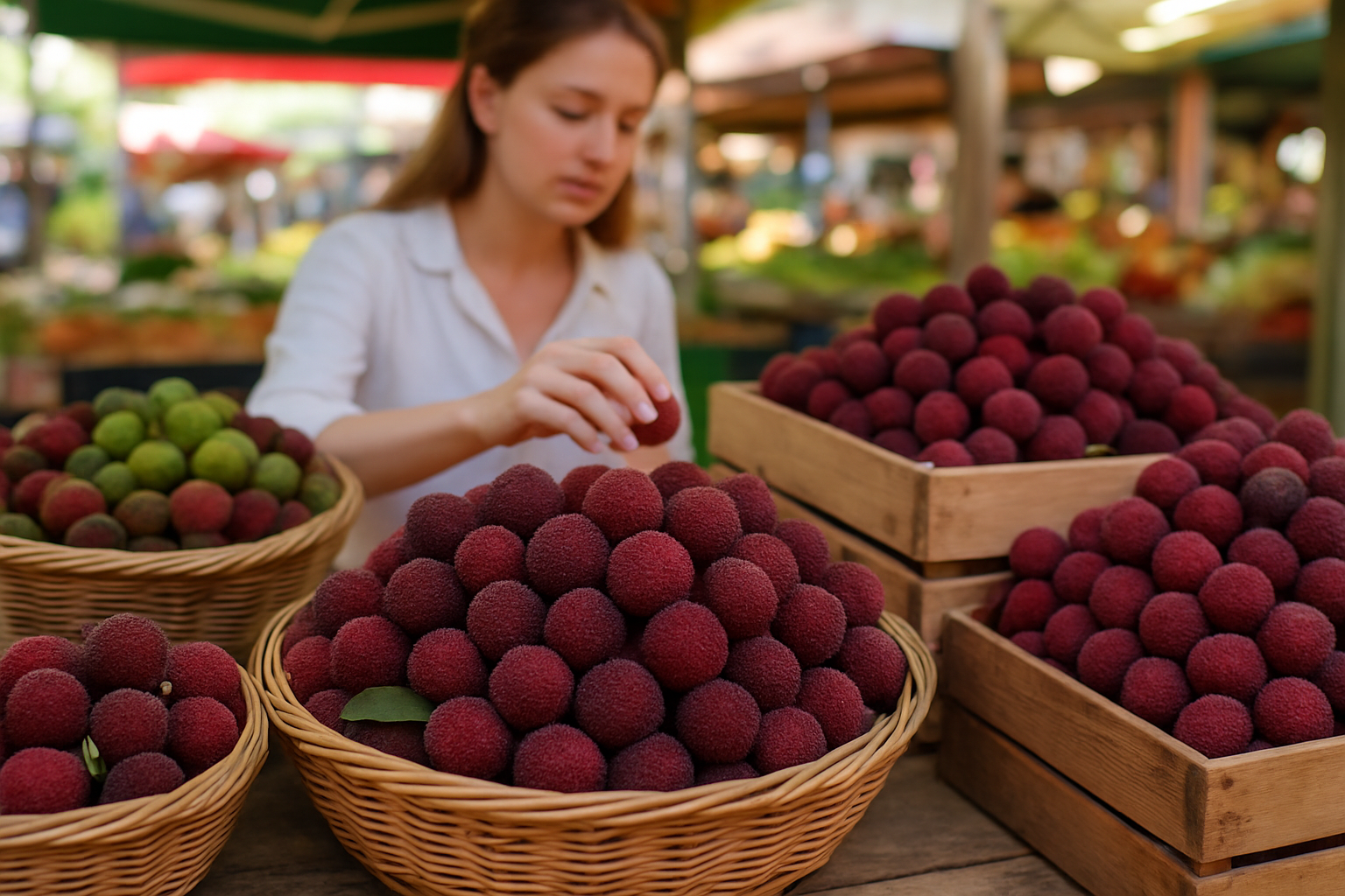 Create a realistic image of fresh yumberries (Chinese bayberries) displayed at a vibrant farmers market or fruit vendor stall, showing clusters of ripe purple-red berries with their characteristic bumpy texture alongside some unripe green ones, arranged in woven baskets and wooden crates, with a white female vendor in the background selecting quality fruits, soft natural daylight illuminating the scene, creating an inviting atmosphere that emphasizes freshness and quality selection, absolutely NO text should be in the scene.